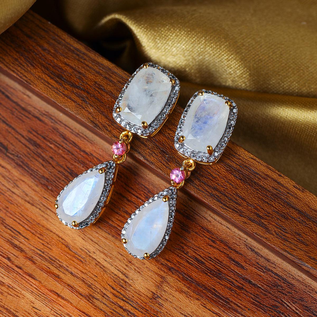 Rainbow Moonstone Solid 14kt Gold Over 925 Sterling Silver Drop Earrings - YoTreasure