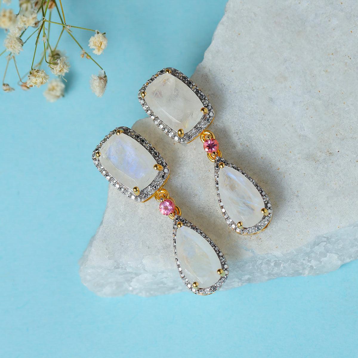 Rainbow Moonstone Solid 14kt Gold Over 925 Sterling Silver Drop Earrings - YoTreasure
