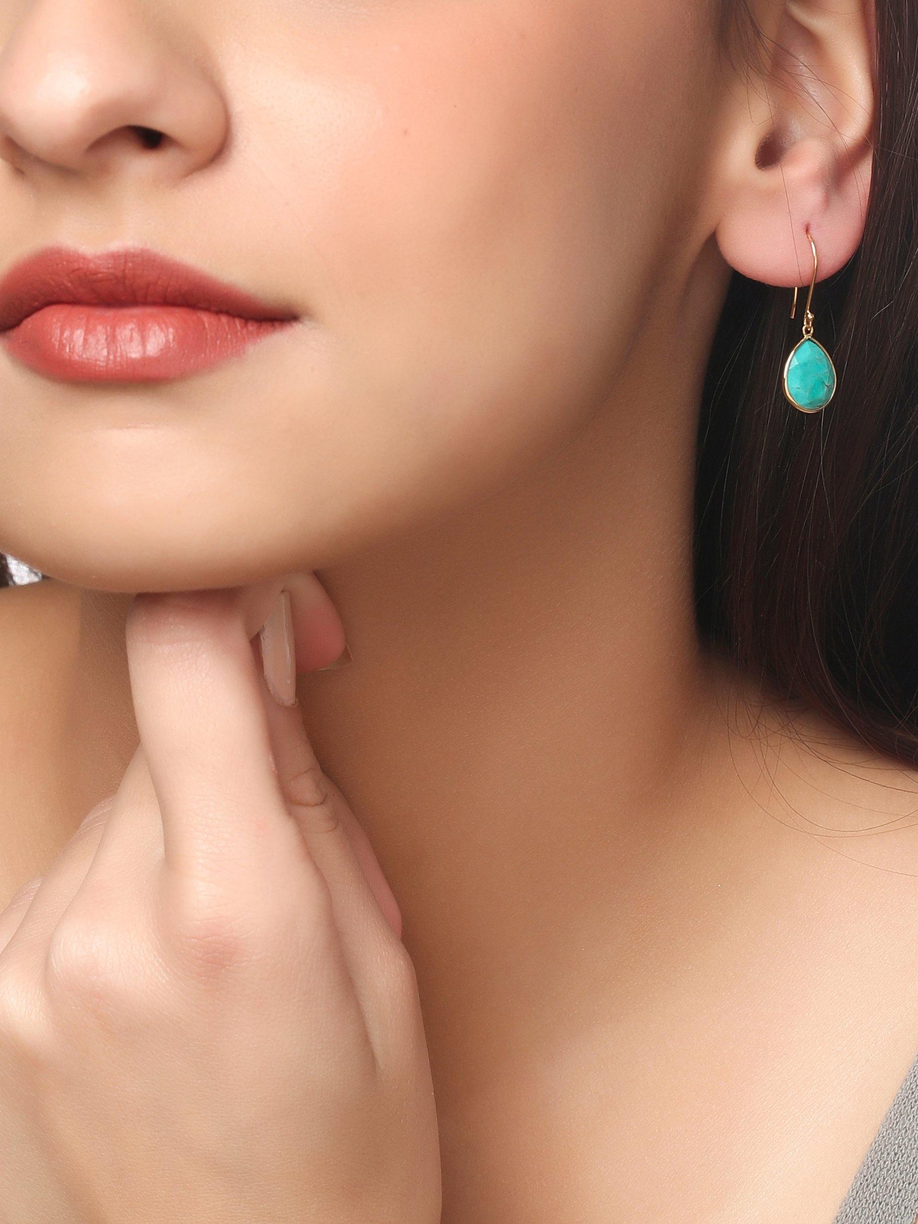 6.46 Ct Turquoise Solid 10k Yellow Gold Teardrop Dangle Earrings - YoTreasure