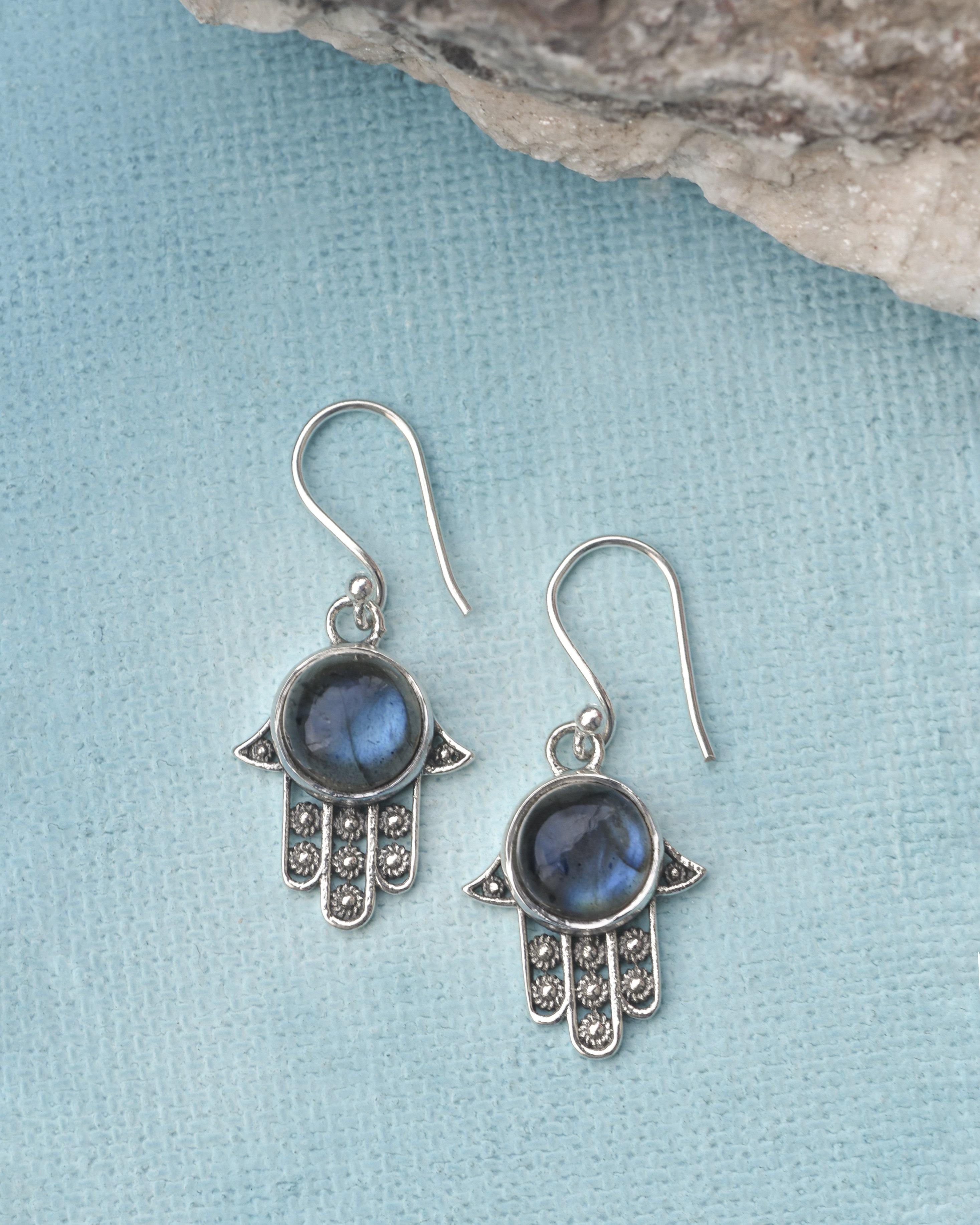 Labradorite Solid 925 Sterling Silver Hamsa Hand Dangle Hook Earrings Protective Symbol Jewelry - YoTreasure