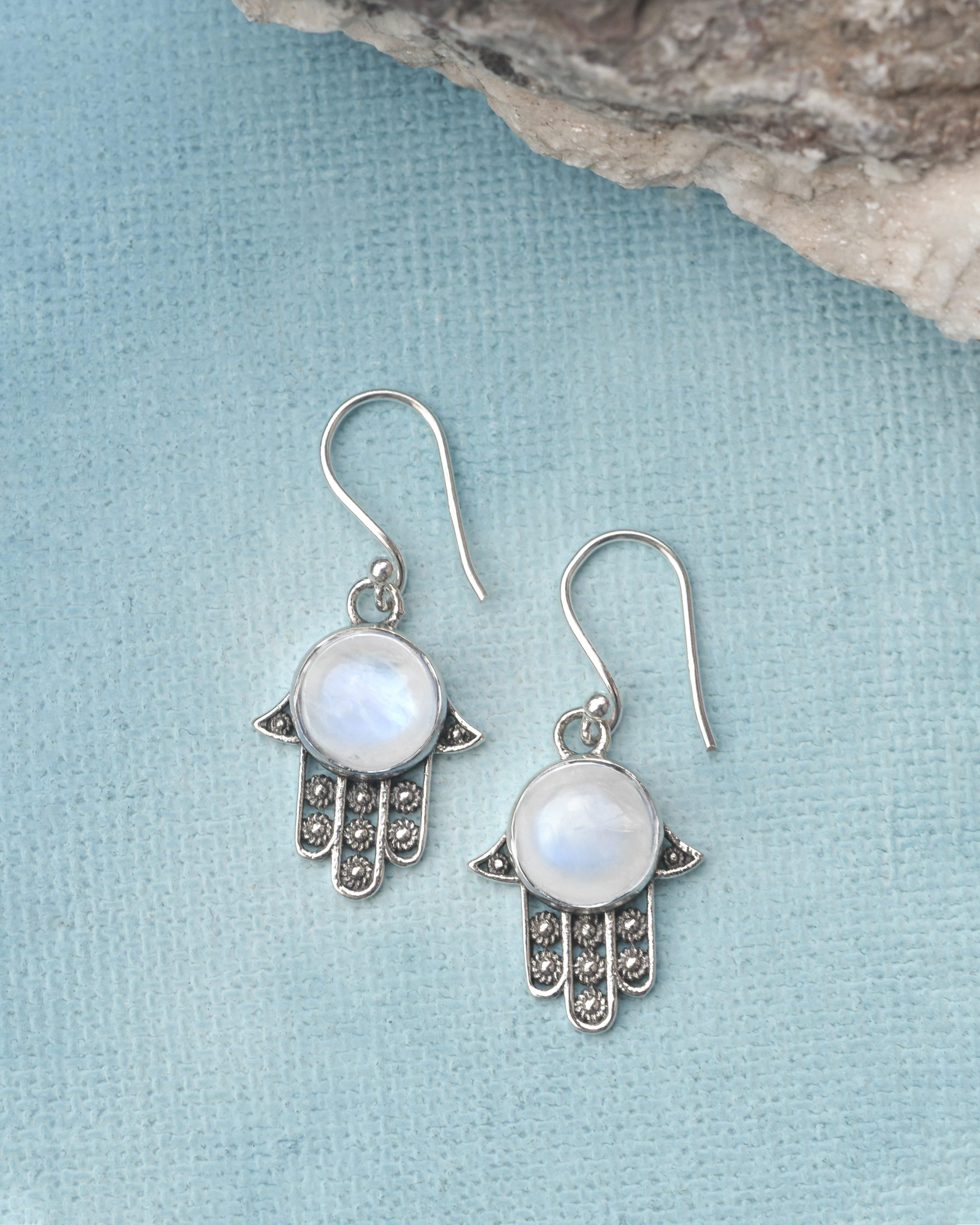 Rainbow Moonstone Solid 925 Sterling Silver Hamsa Hand Dangle Hook Earrings Protective Symbol Jewelry - YoTreasure