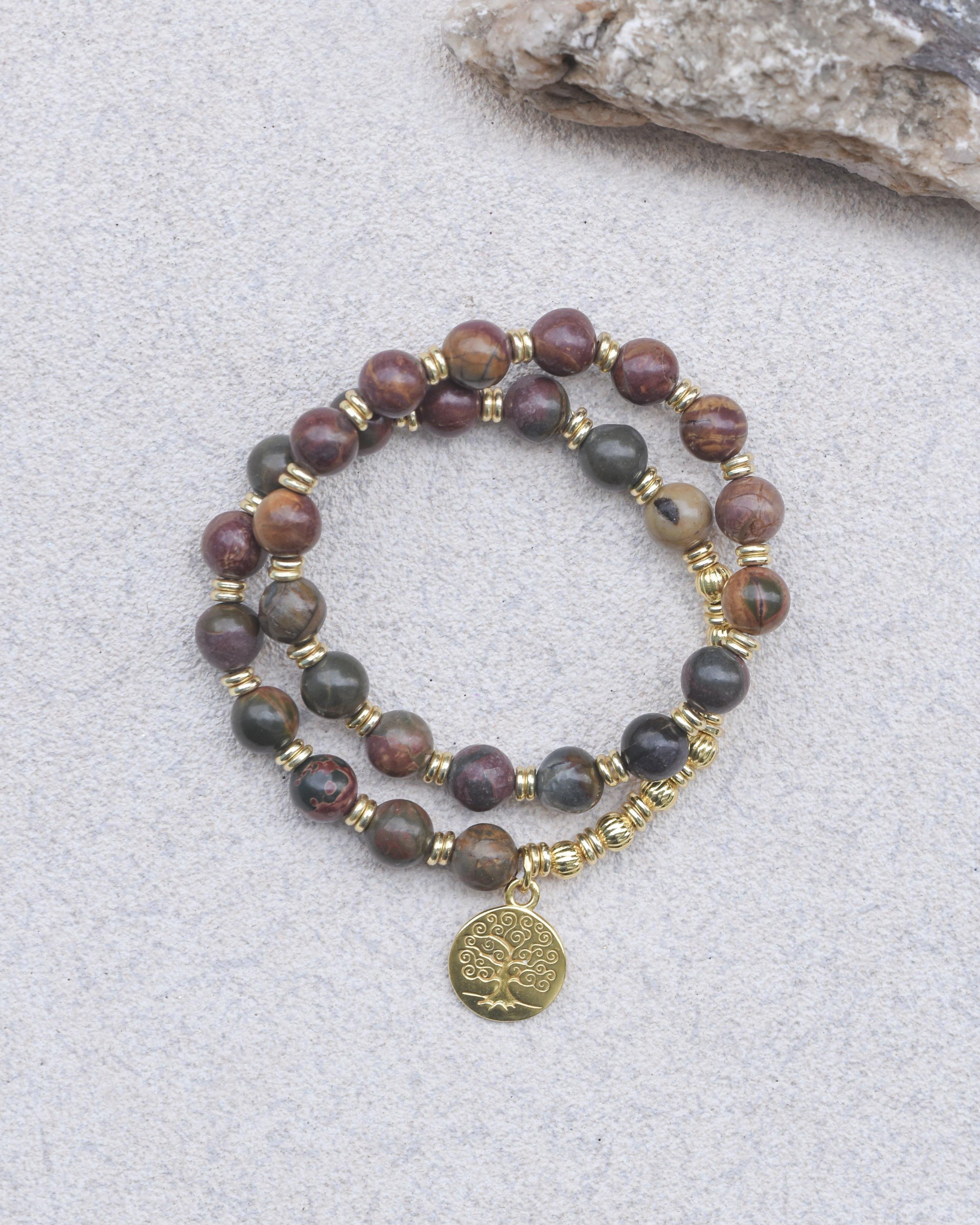 Picasso Jasper Tree of Life Charm Stretchable Beaded Bracelet Brass Gemstone Jewelry - YoTreasure