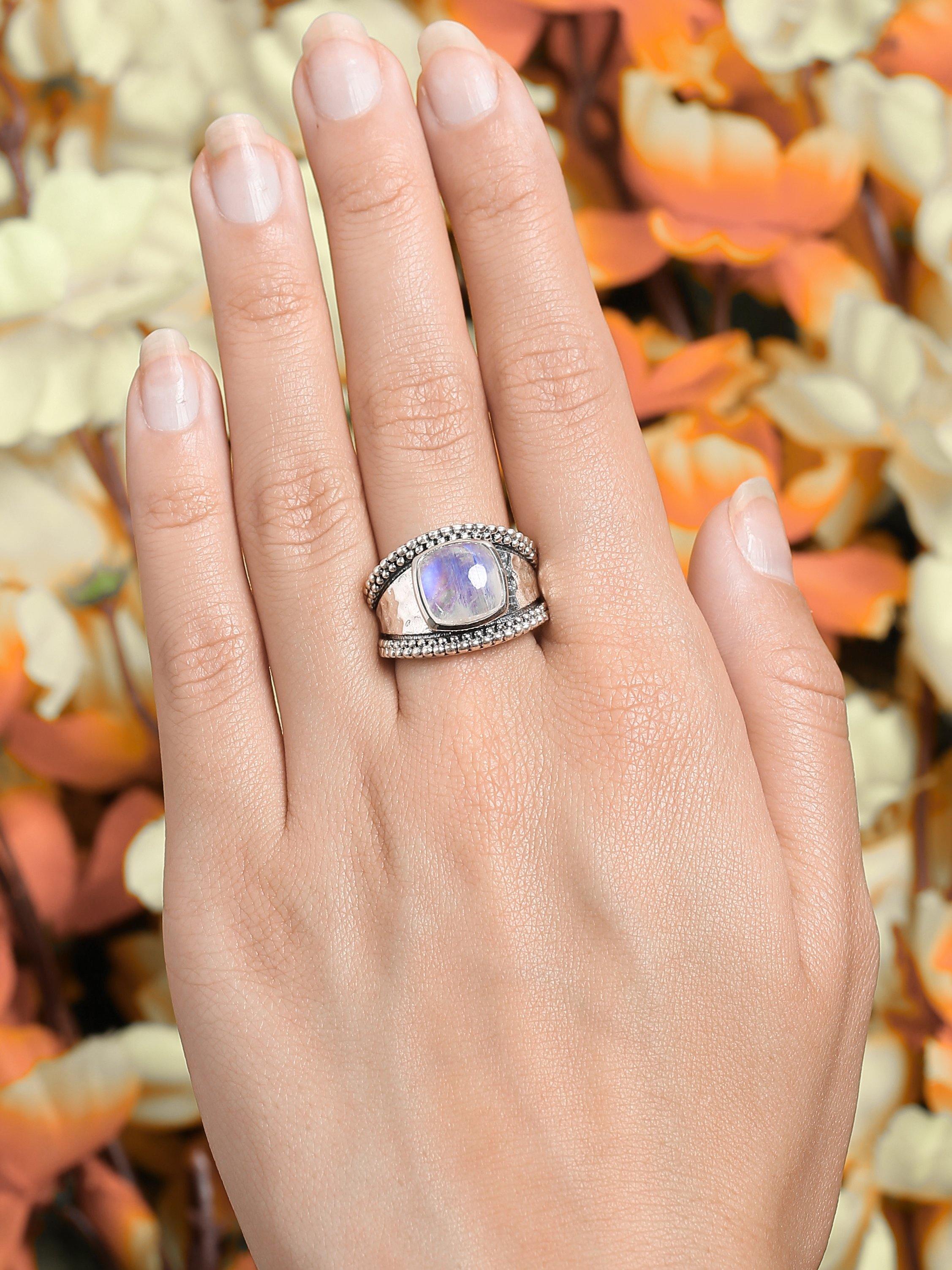 .925 Sterling Silver Moonstone Wide Band Boho Ring - YoTreasure