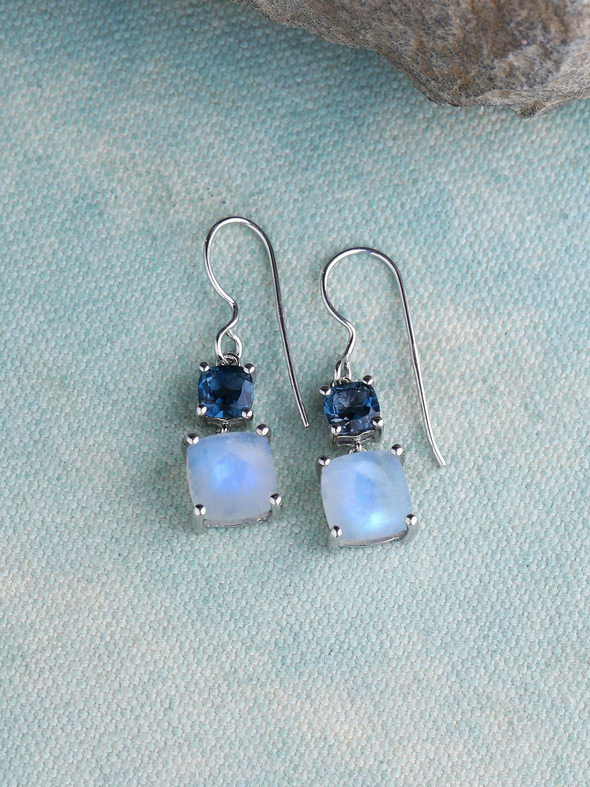 6.76 Cts. Moonstone London Blue Topaz Solid 925 Sterling Silver Earrings - YoTreasure