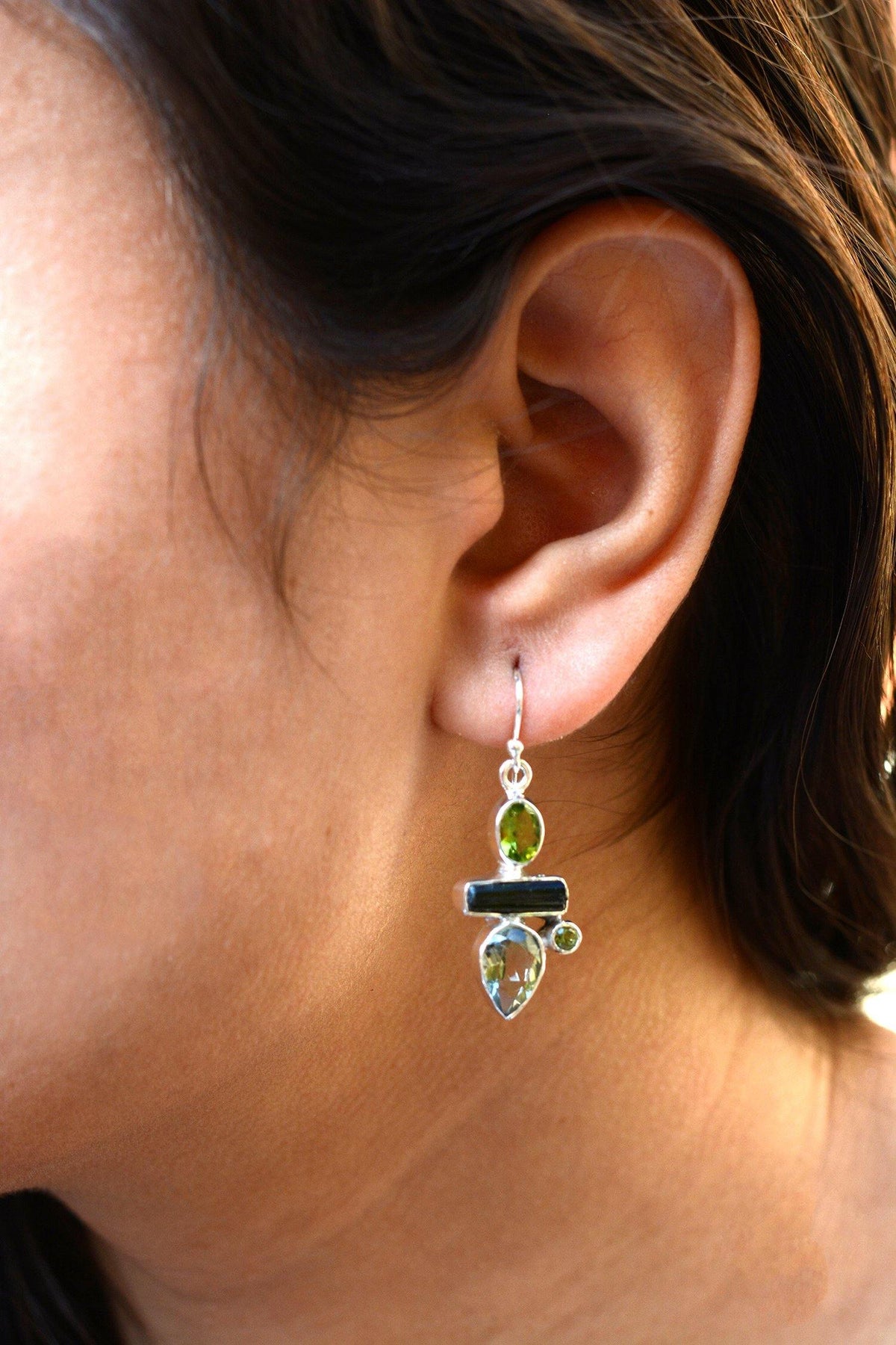 Green Amethyst Peridot Rough Tourmaline Solid 925 Sterling Silver Dangle Earrings - YoTreasure