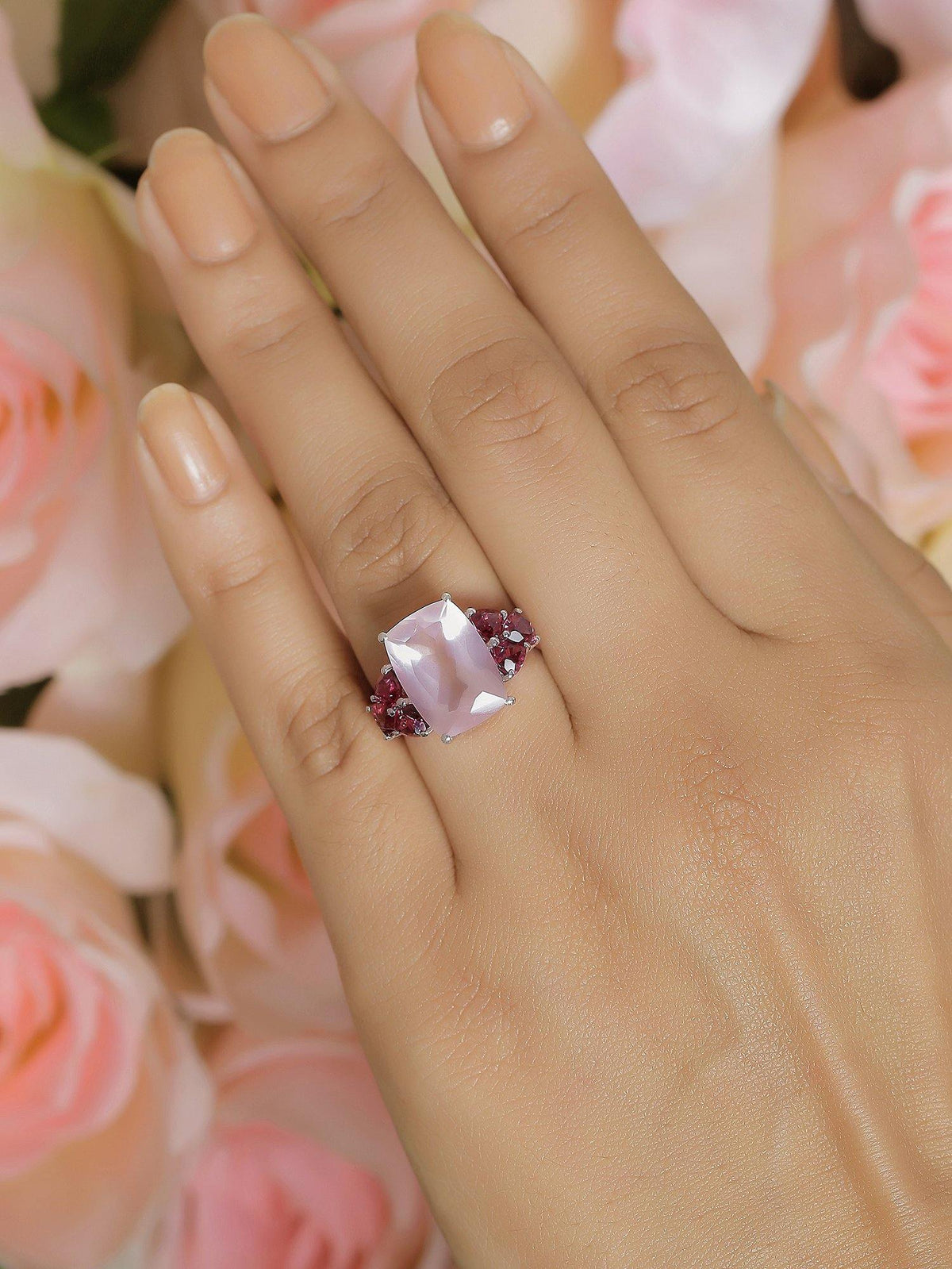 7.30 Ct. Rose Quartz Rhodolite Solid 925 Sterling Silver Ring Jewelry - YoTreasure
