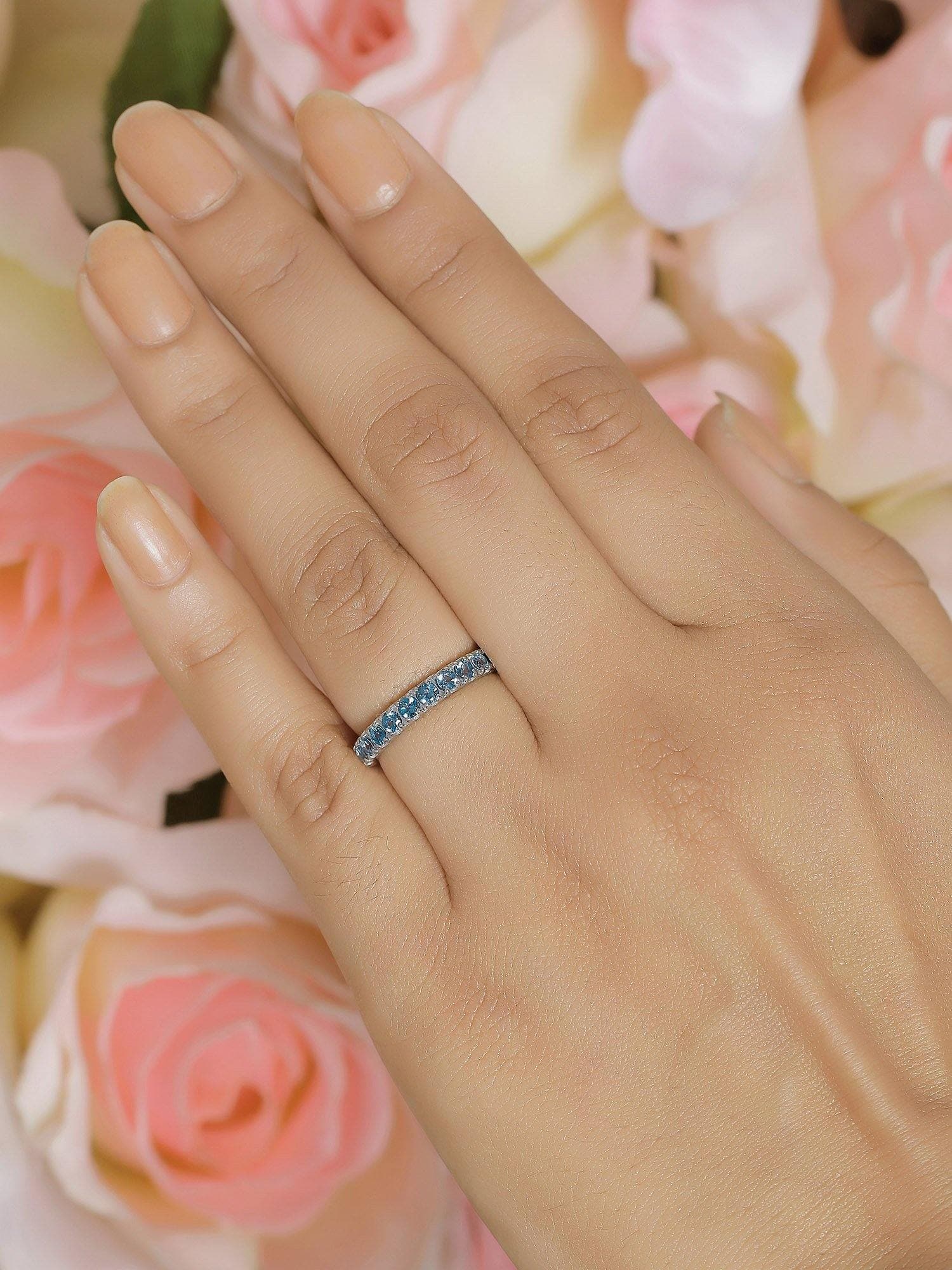 0.80 Ct. London Blue Topaz Solid Sterling Silver Eternity Band Ring Jewelry - YoTreasure