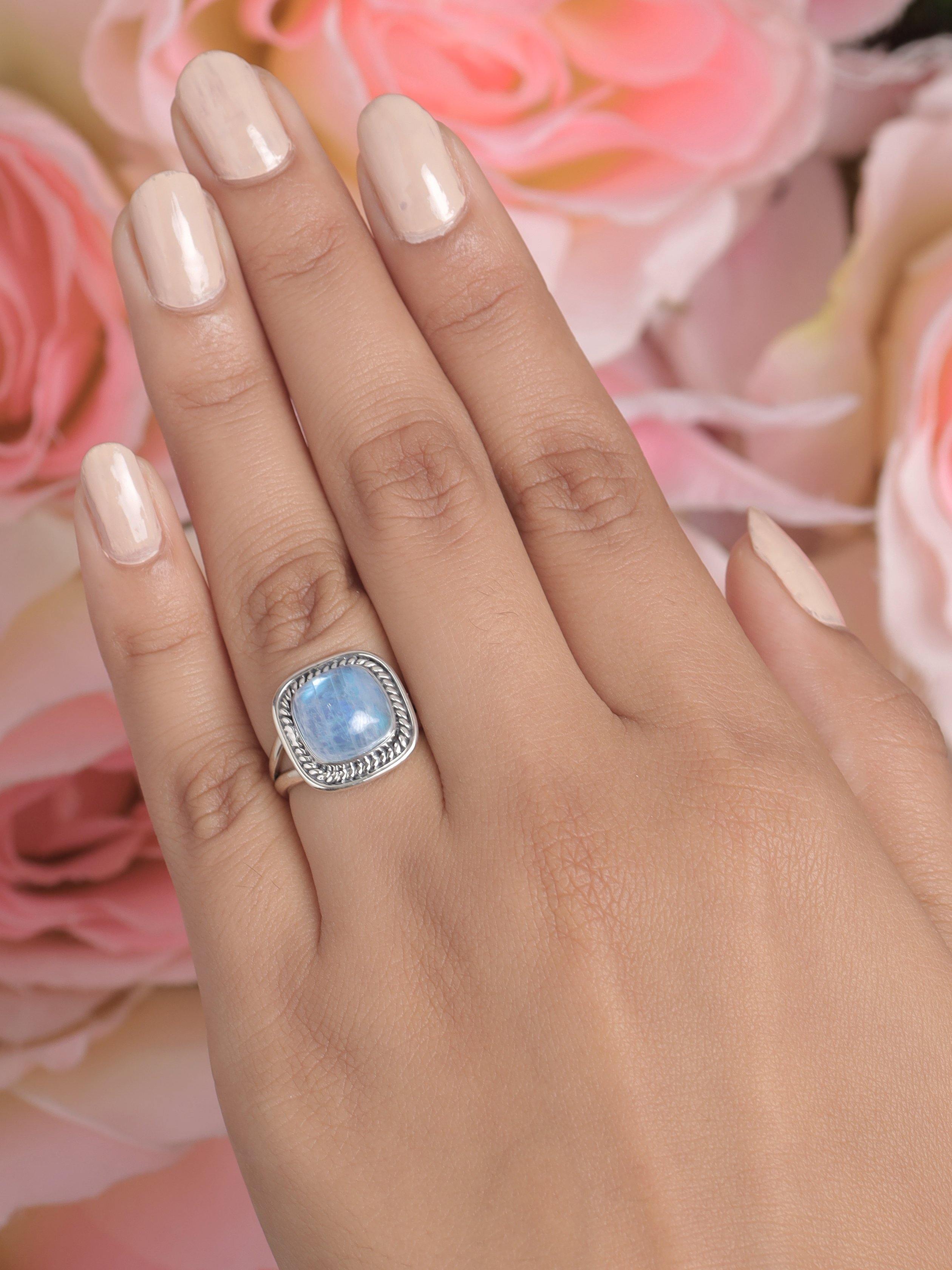 Rainbow Moonstone Solid 925 Sterling Silver Split Shank Ring Jewelry - YoTreasure