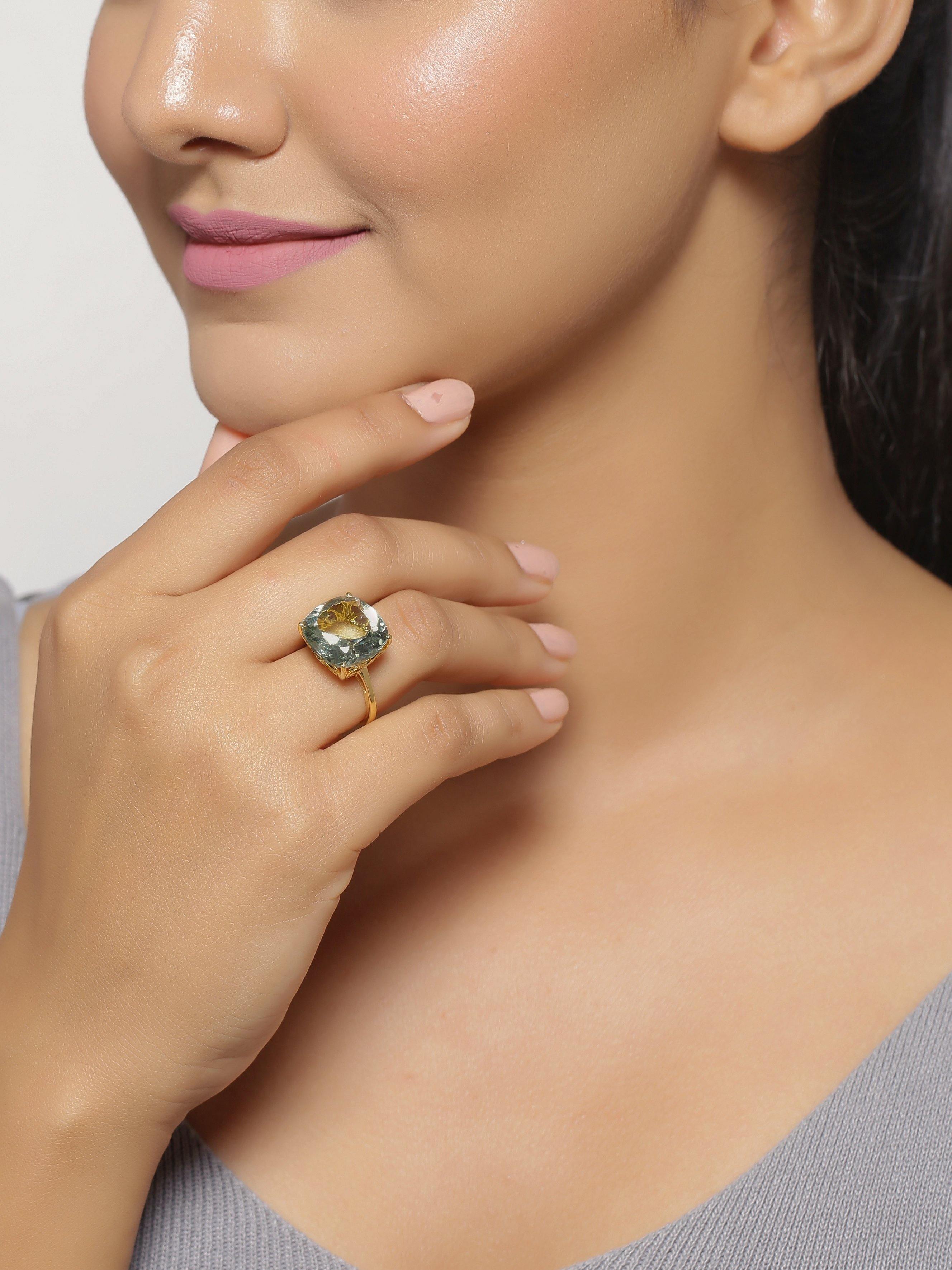Green Amethyst Solid 925 Sterling Silver Gold Plated Statement Ring Jewelry - YoTreasure
