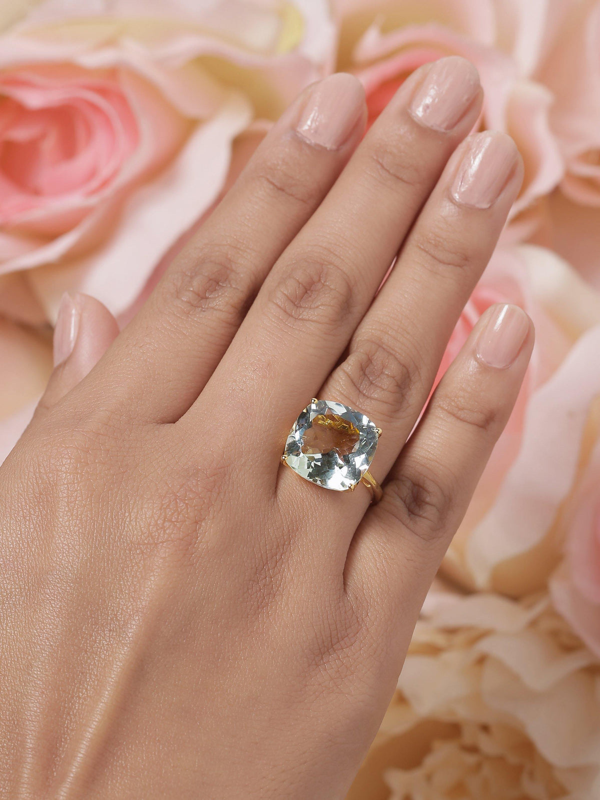 Green Amethyst Solid 925 Sterling Silver Gold Plated Statement Ring Jewelry - YoTreasure