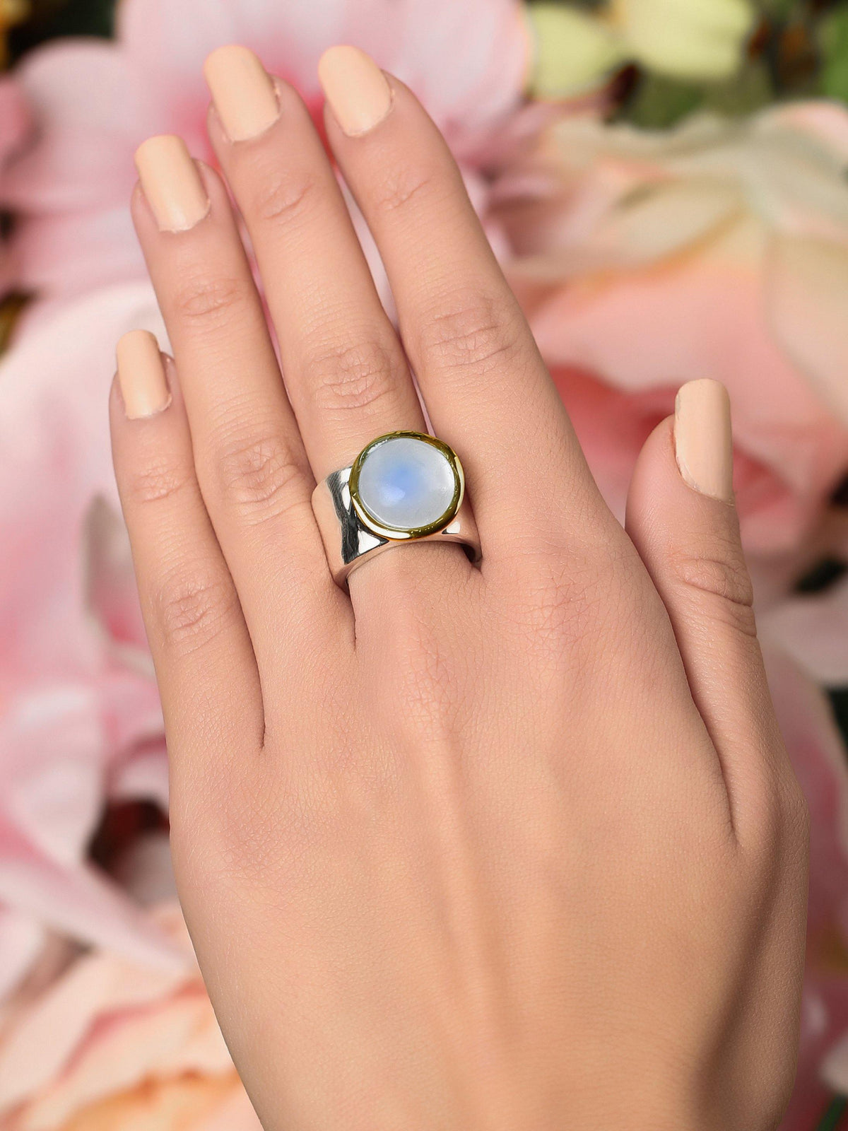 Moonstone Solid 925 Sterling Silver Brass Hammered Ring Jewelry - YoTreasure