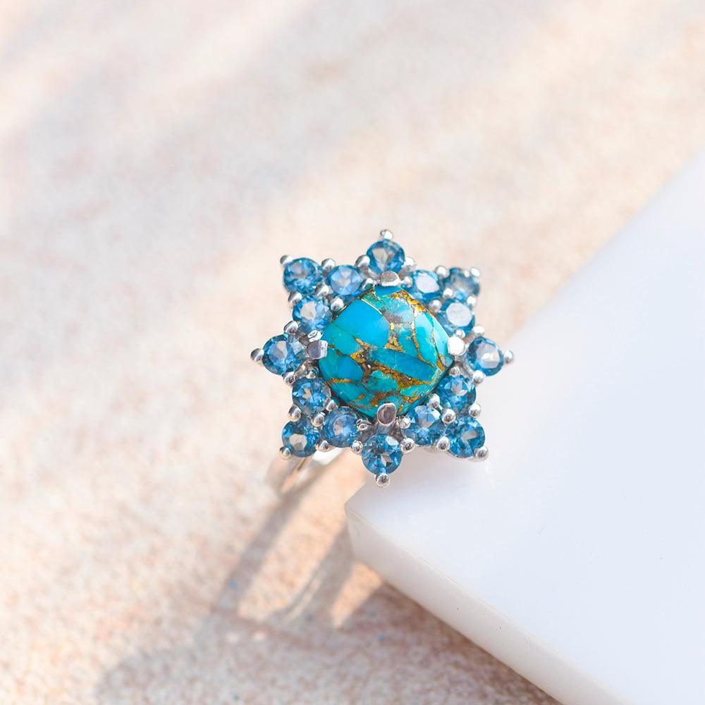 5.40 Ct Blue Copper Turquoise Solid 925 Sterling Silver Cluster Ring Jewelry - YoTreasure