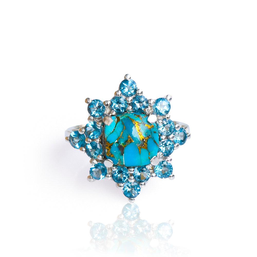 5.40 Ct Blue Copper Turquoise Solid 925 Sterling Silver Cluster Ring Jewelry - YoTreasure