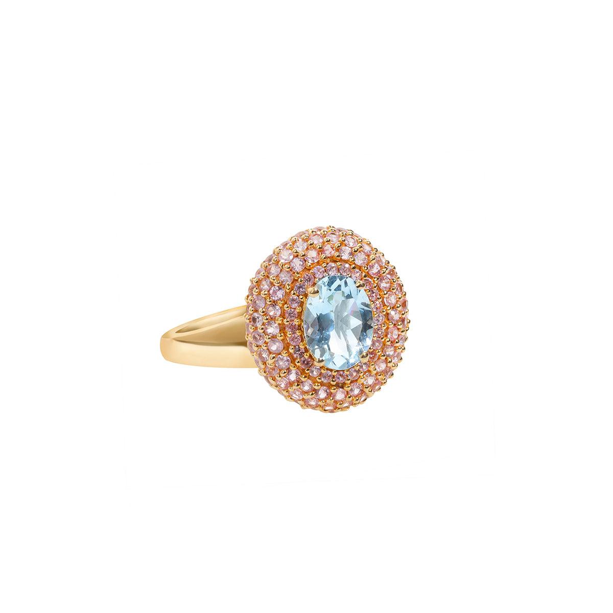 1.95 Ct. Aquamarine Pink Sapphire Solid 14K Yellow Gold Chunky Ring - YoTreasure