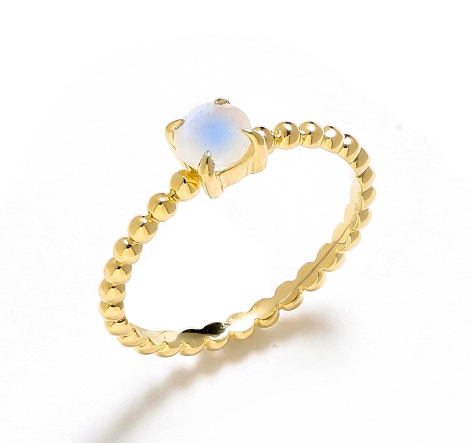 0.60 Ct Moonstone Solid 10k Yellow Gold Beaded Solitaire Ring Jewelry - YoTreasure
