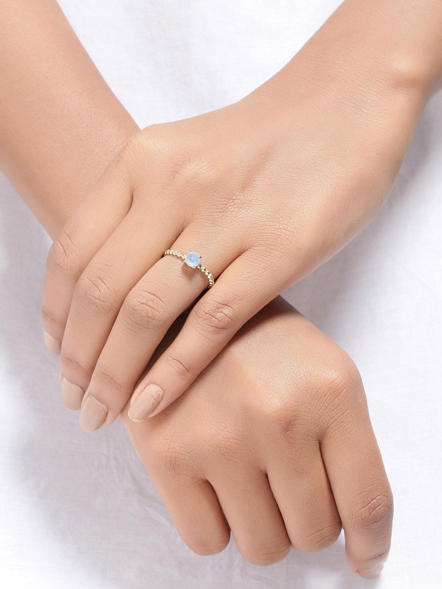 0.60 Ct Moonstone Solid 10k Yellow Gold Beaded Solitaire Ring Jewelry - YoTreasure