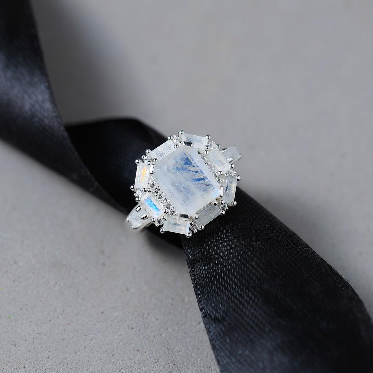 Rainbow Moonstone & White Sapphire Ring in 925 Sterling Silver - YoTreasure