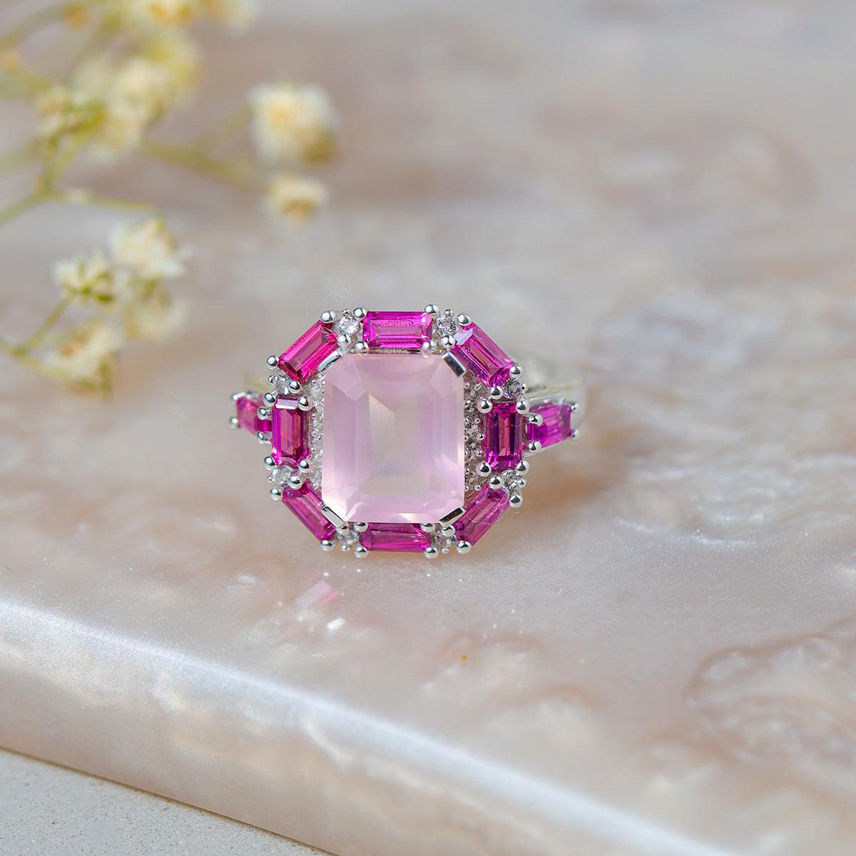 Rose Quartz & Rhodolite Garnet Solid 925 Sterling Silver Ring - YoTreasure