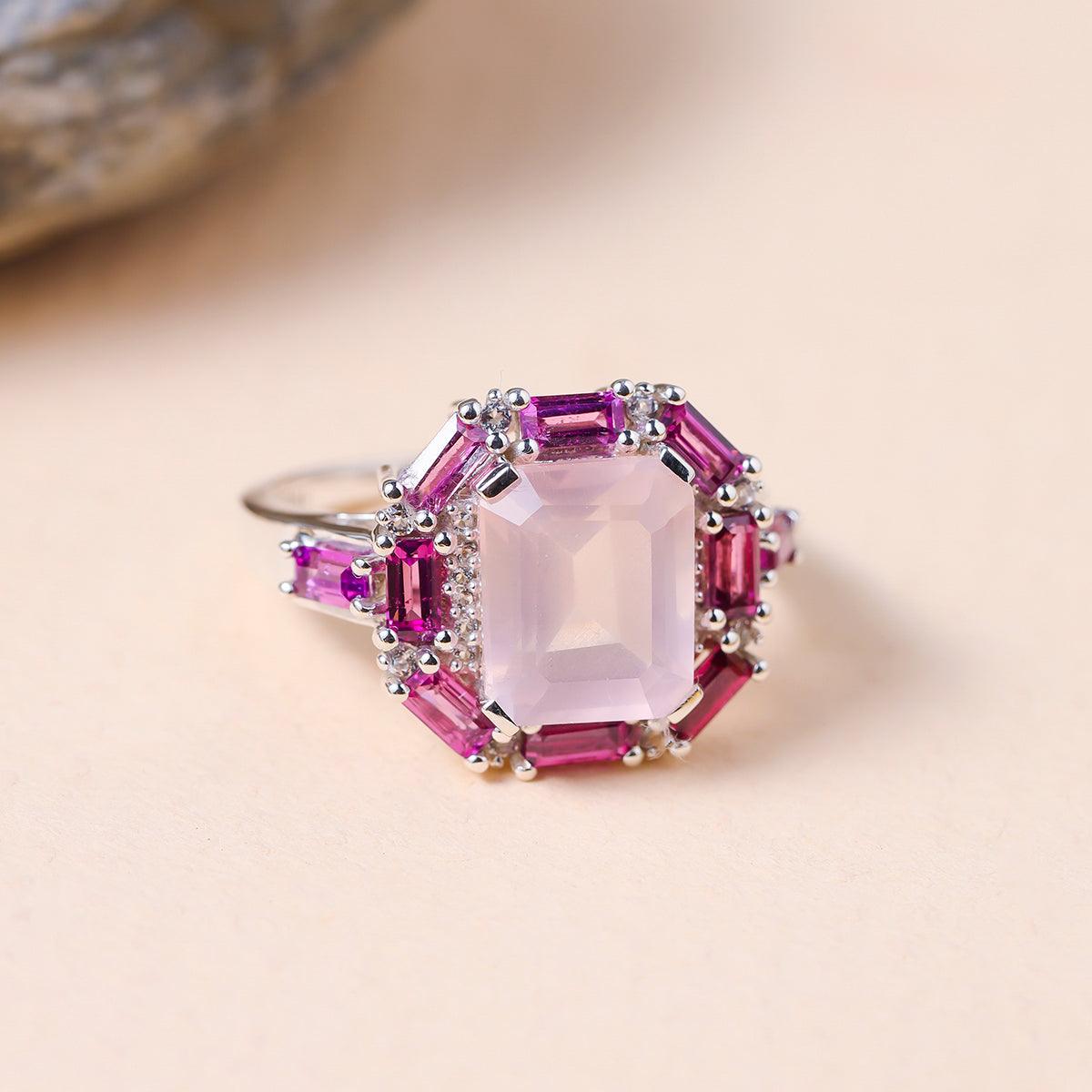 Rose Quartz & Rhodolite Garnet Solid 925 Sterling Silver Ring - YoTreasure