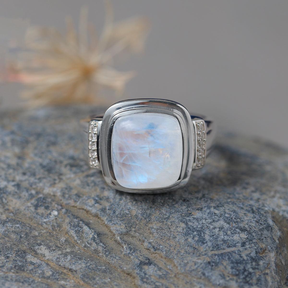 Rainbow Moonstone & White Zircon Ring in 925 Sterling Silver - YoTreasure