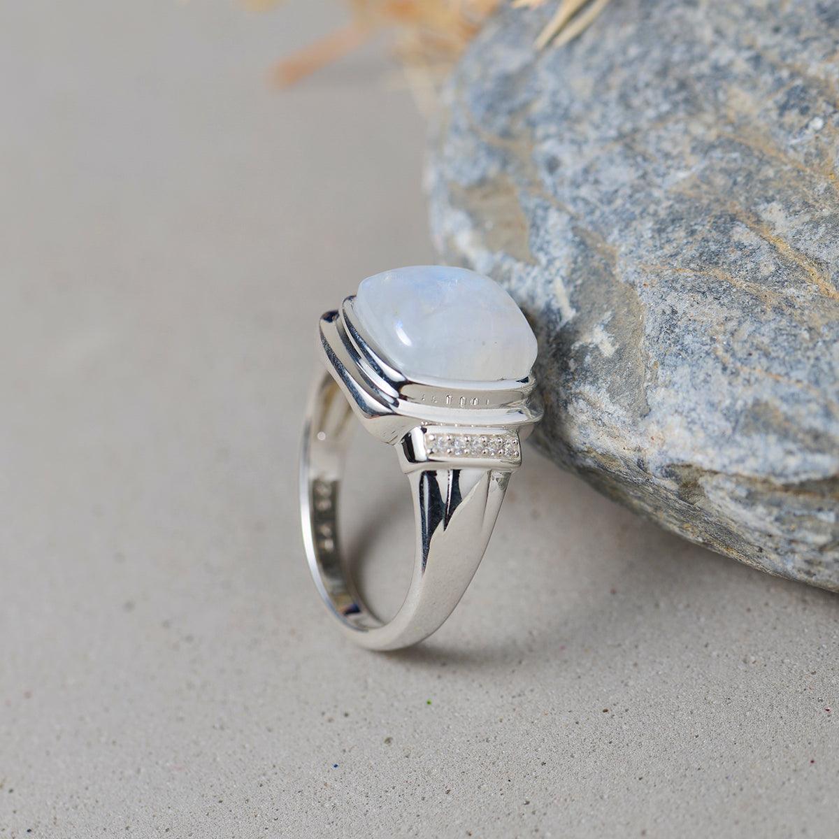 Rainbow Moonstone & White Zircon Ring in 925 Sterling Silver - YoTreasure