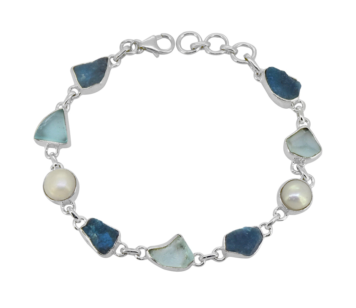 Blue Topaz Apatite Pearl Solid 925 Sterling Silver Link Bracelet Jewelry 8.5 Inch - YoTreasure