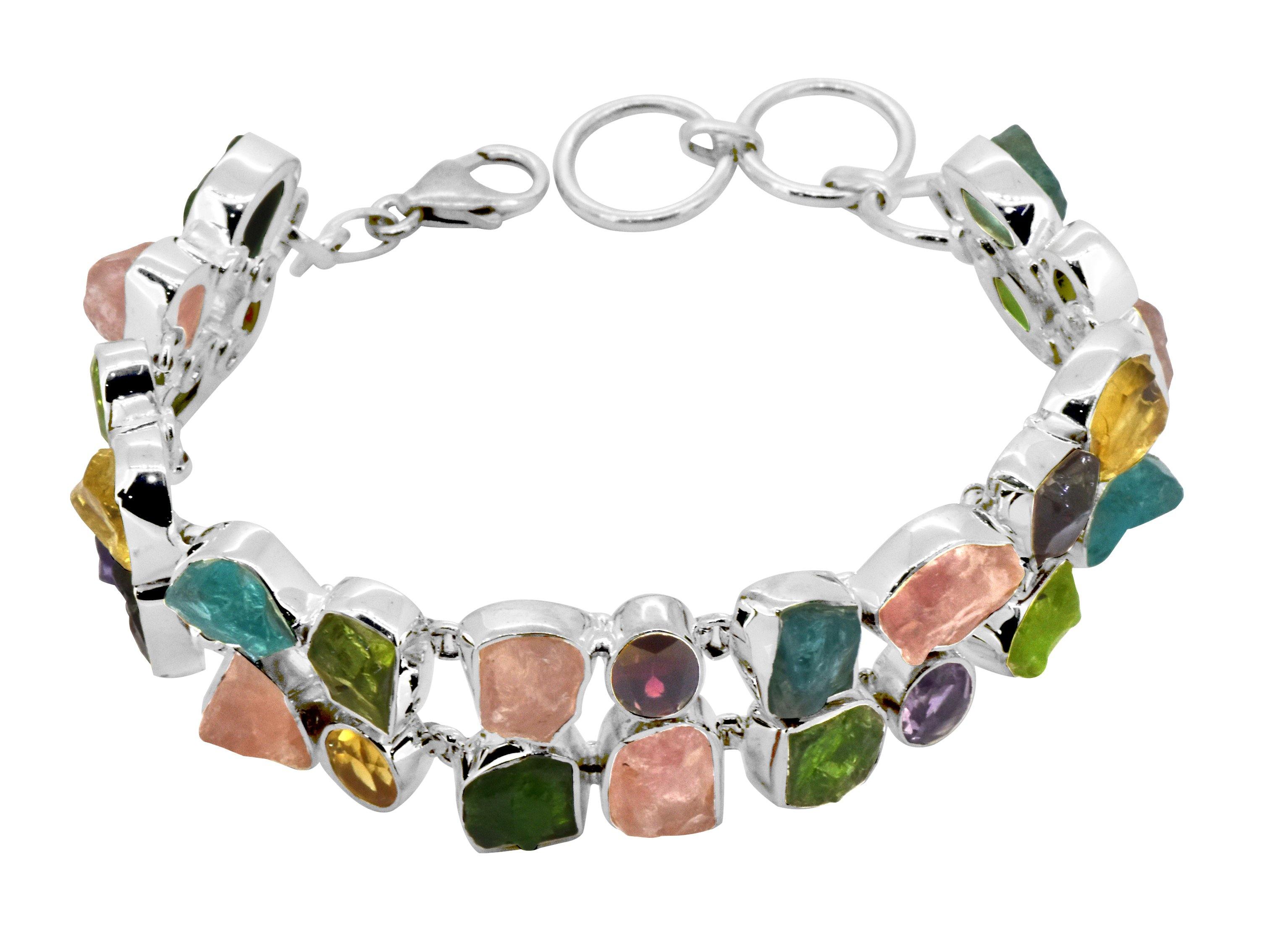 Multi Gemstone Solid 925 Sterling Silver Link Chain Bracelet Jewelry 8.5 Inch - YoTreasure