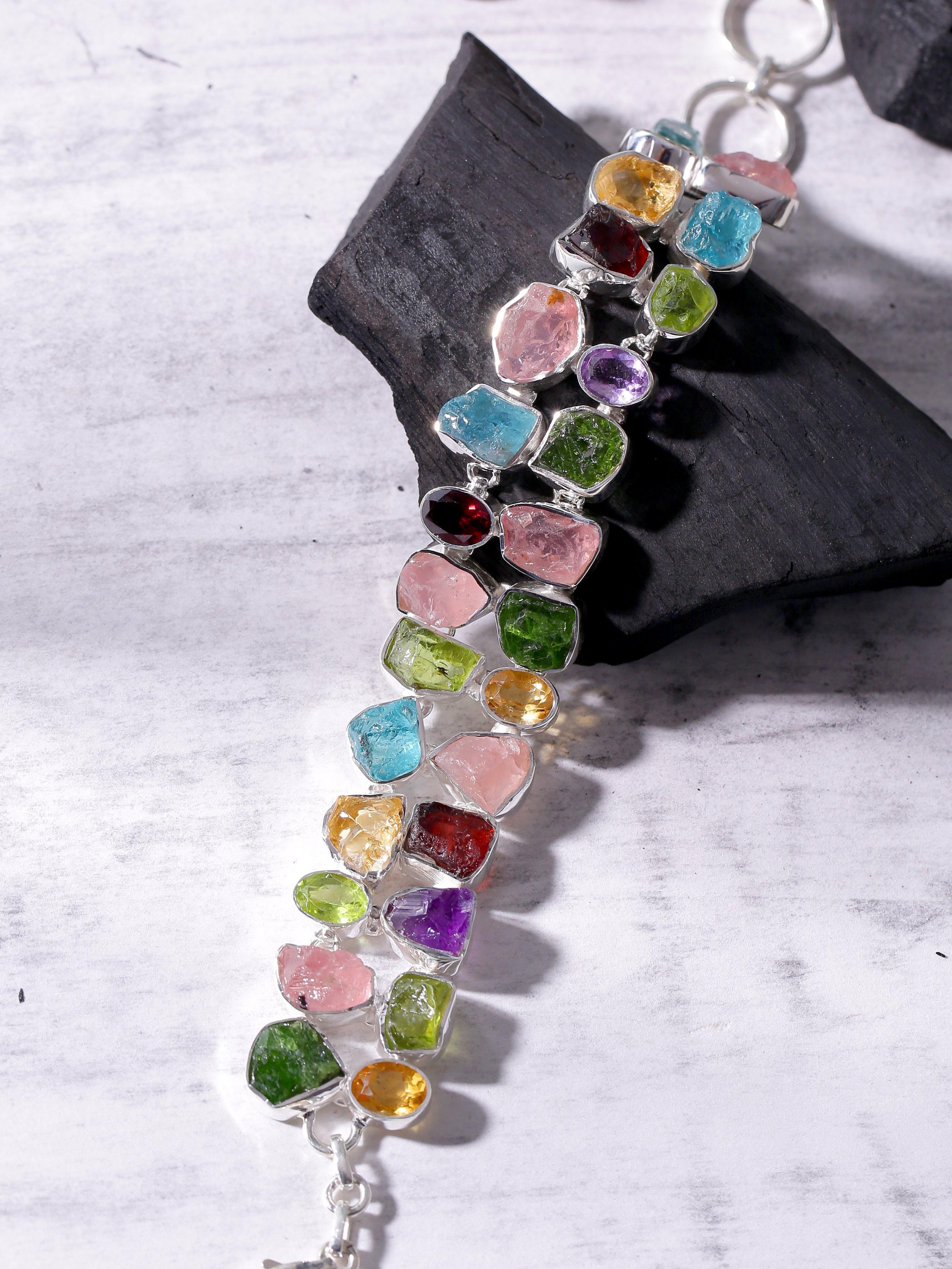 Multi Gemstone Solid 925 Sterling Silver Link Chain Bracelet Jewelry 8.5 Inch - YoTreasure