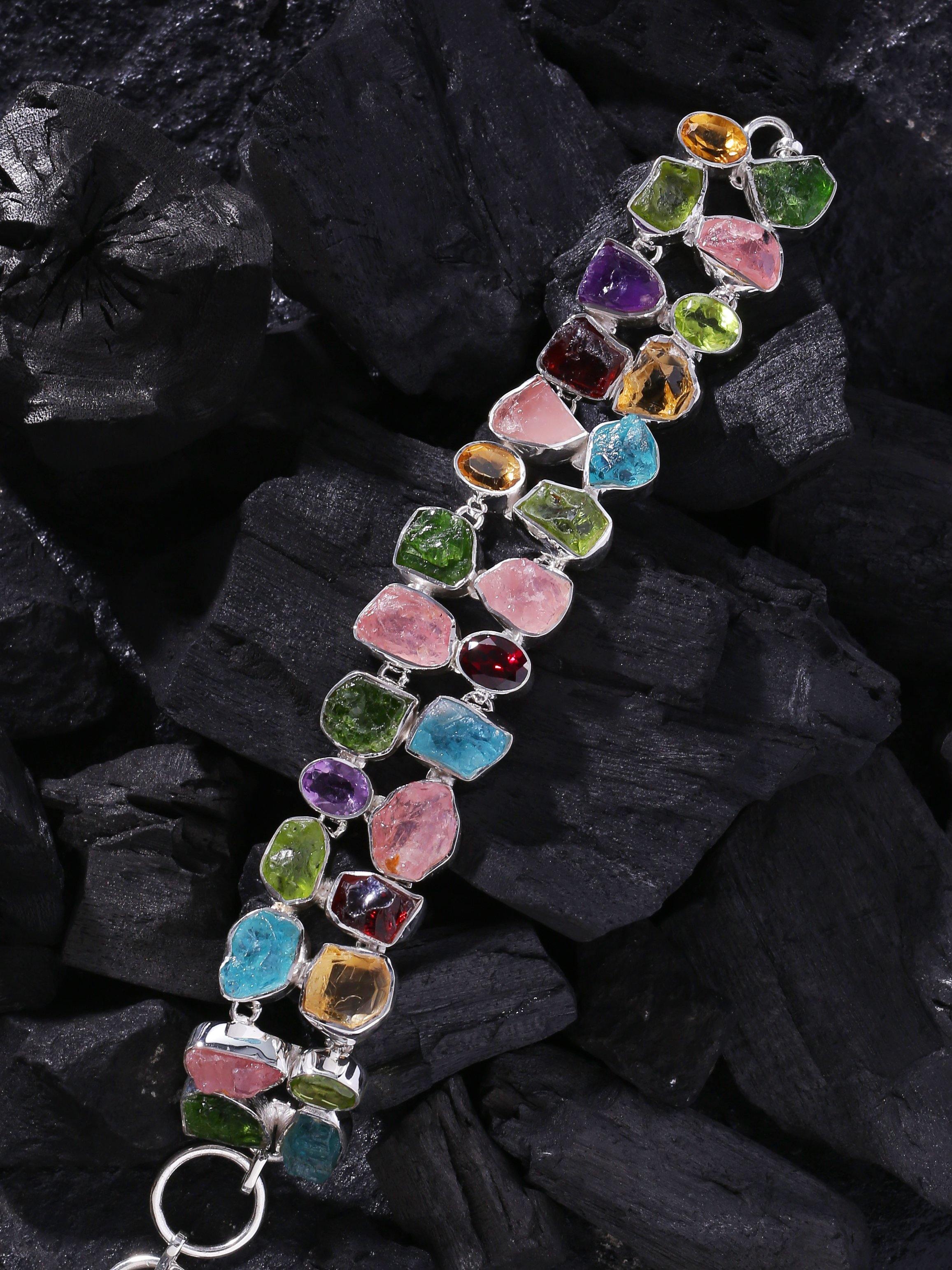 Multi Gemstone Solid 925 Sterling Silver Link Chain Bracelet Jewelry 8.5 Inch - YoTreasure