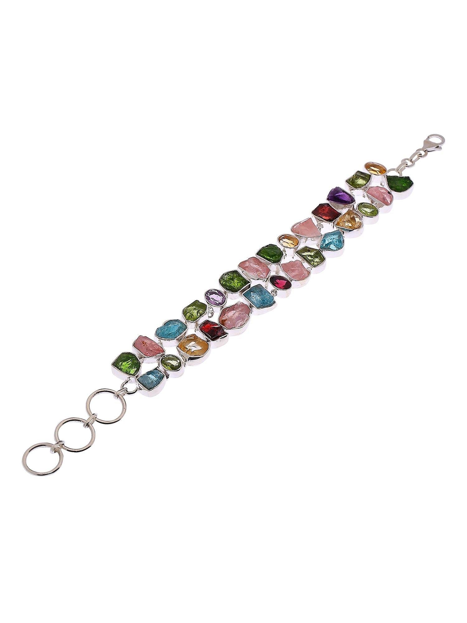 Multi Gemstone Solid 925 Sterling Silver Link Chain Bracelet Jewelry 8.5 Inch - YoTreasure