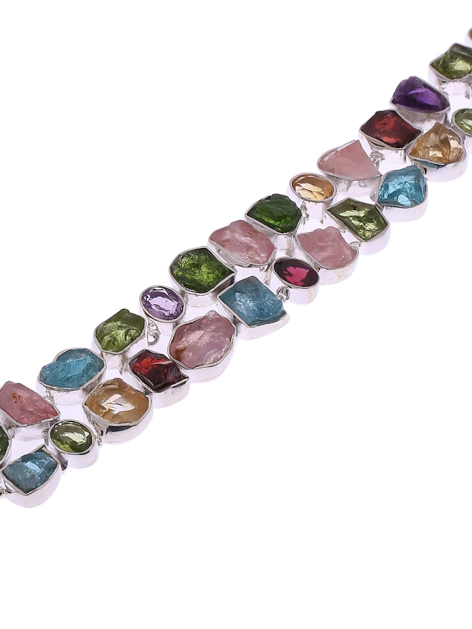 Multi Gemstone Solid 925 Sterling Silver Link Chain Bracelet Jewelry 8.5 Inch - YoTreasure
