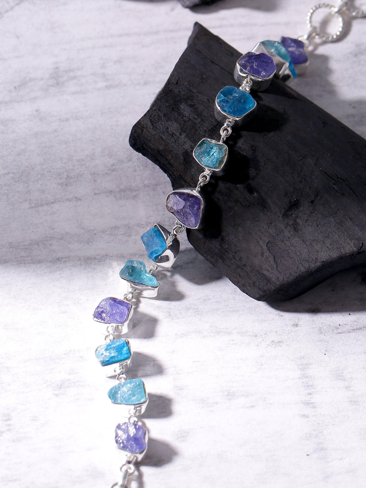 Rough Tanzanite Apatite Solid 925 Sterling Silver Link Chain Bracelet Jewelry - YoTreasure