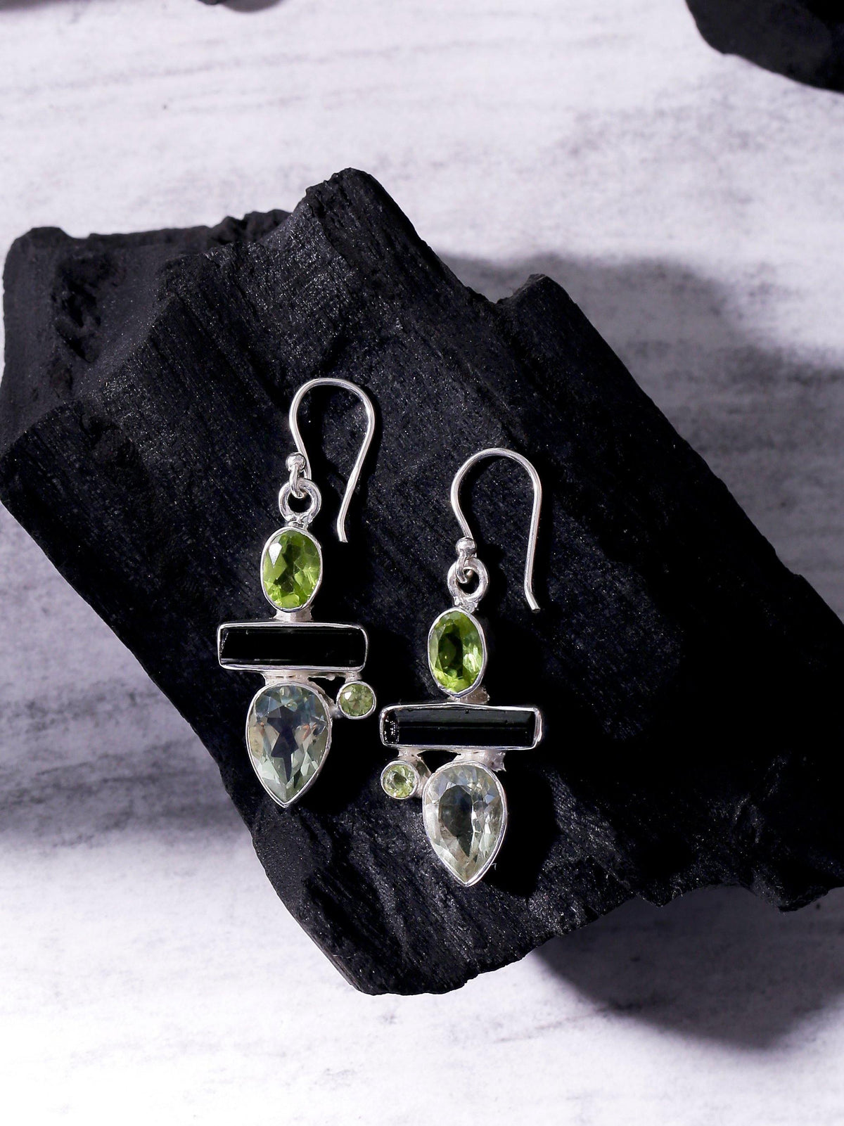 Green Amethyst Peridot Rough Solid 925 Sterling Silver Dangle Earrings - YoTreasure