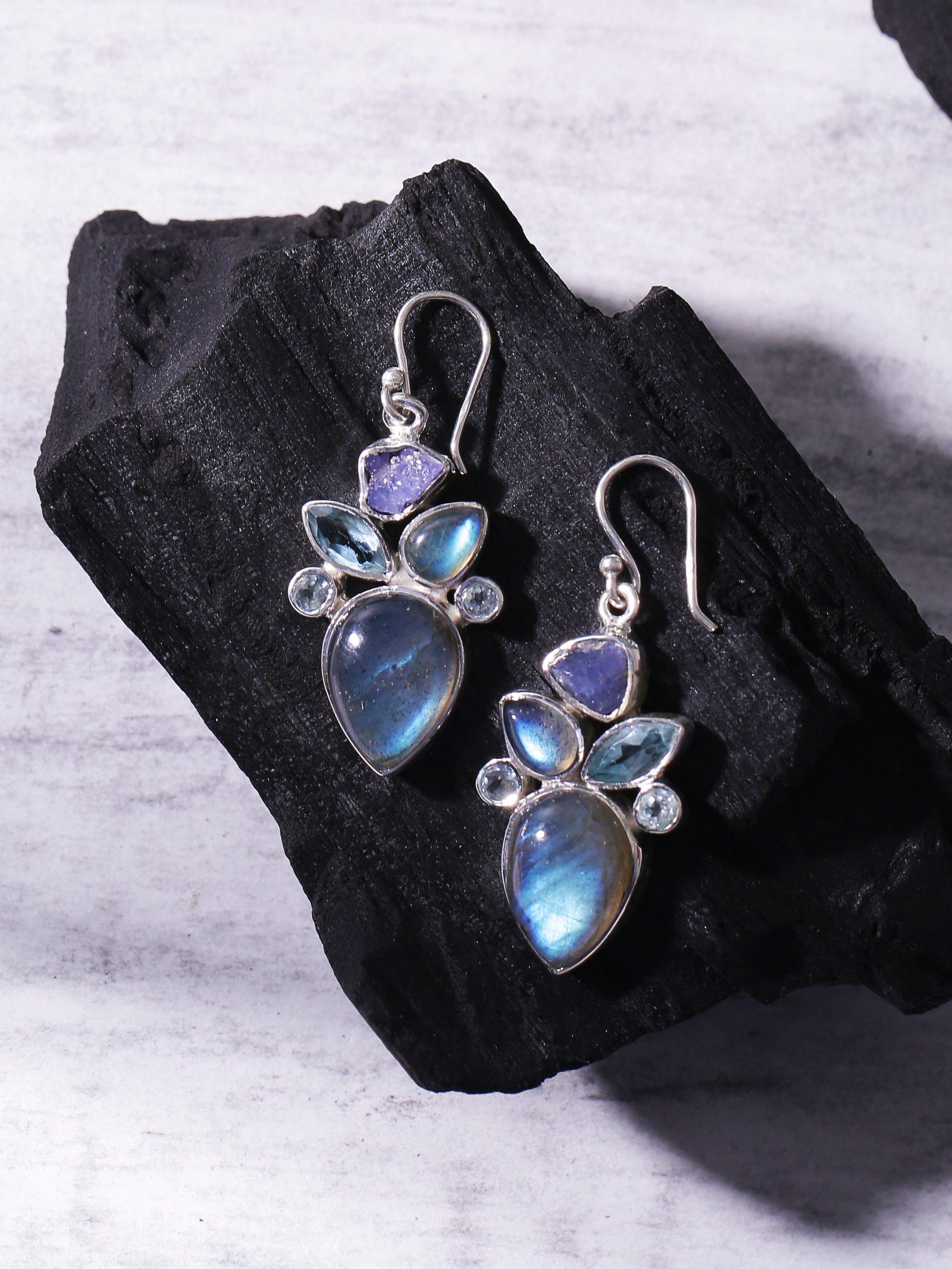 Rough Tanzanite Labradorite Blue topaz Labradorite Solid 925 Sterling Silver Dangle Earrings Jewelry - YoTreasure