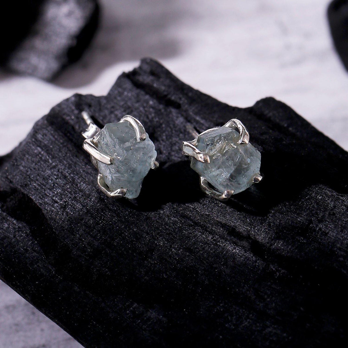 Rough Aquamarine Solid 925 Sterling Silver Stud Earrings - YoTreasure