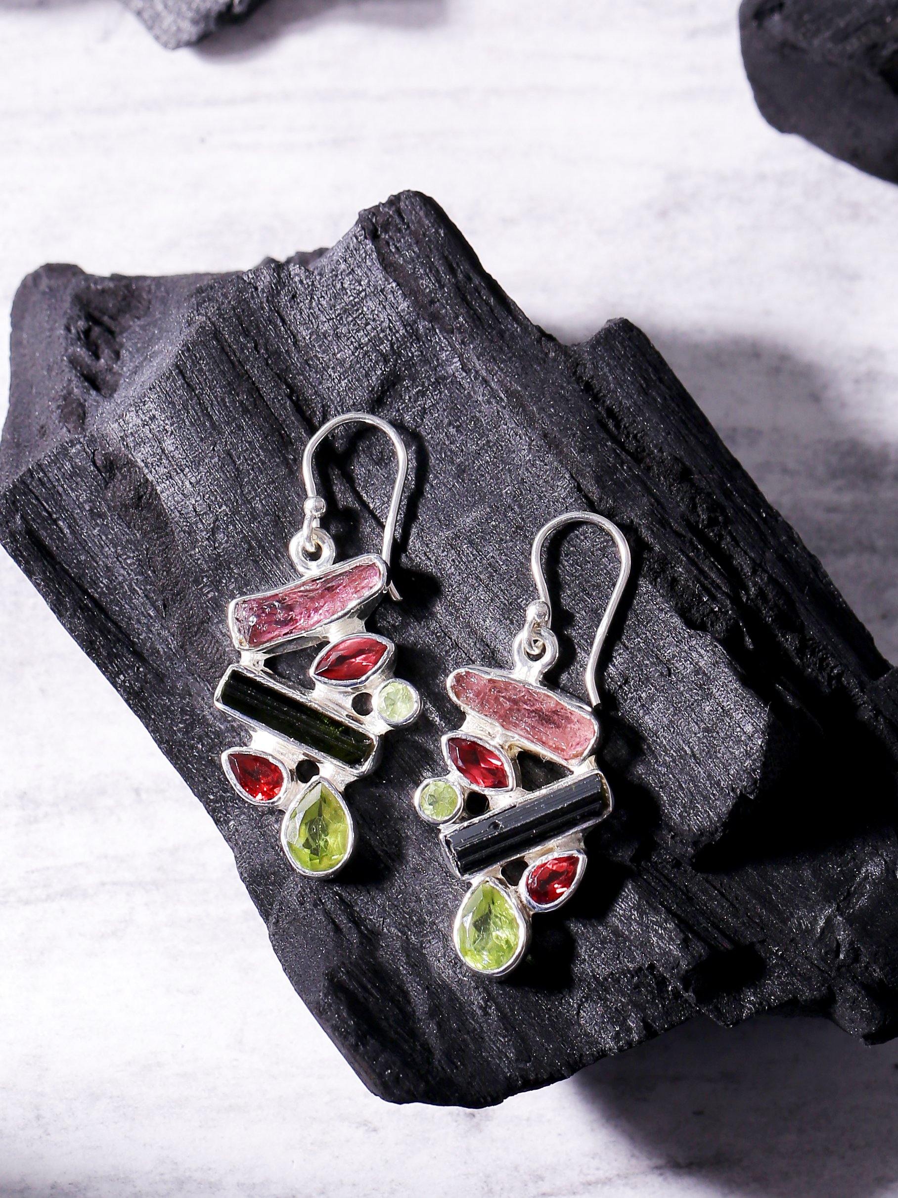 1.57" Rough Tourmaline Garnet Peridot Solid 925 Sterling Silver Dangle Earrings Jewelry - YoTreasure