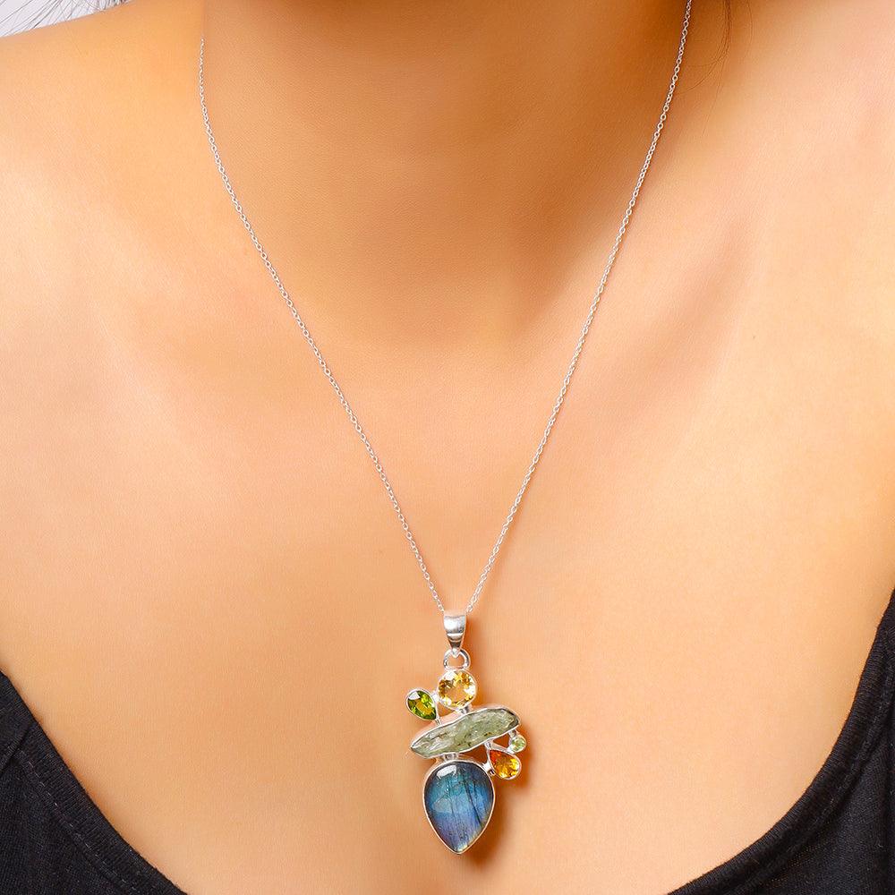 Labradorite Green Kyanite Solid 925 Sterling Silver Pendant - YoTreasure