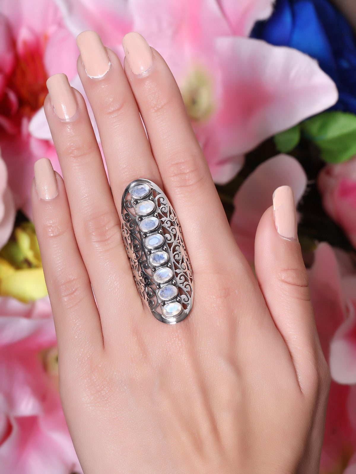 Rainbow Moonstone Solid 925 Sterling Silver Filigree Ring Jewelry - YoTreasure