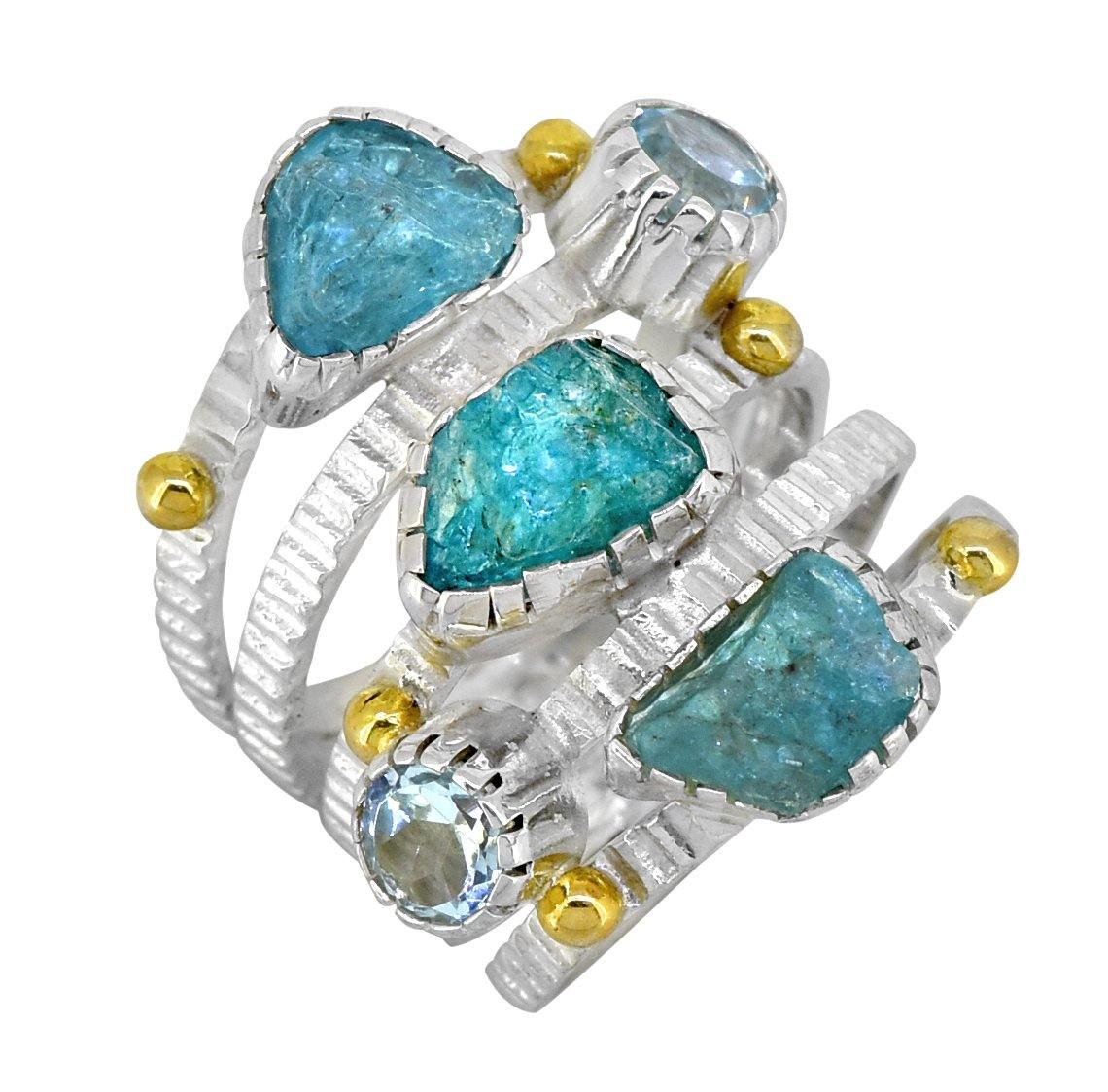 Raw Neon Apatite Solid 925 sterling Silver Brass Two Tone Bypass Ring Jewelry - YoTreasure
