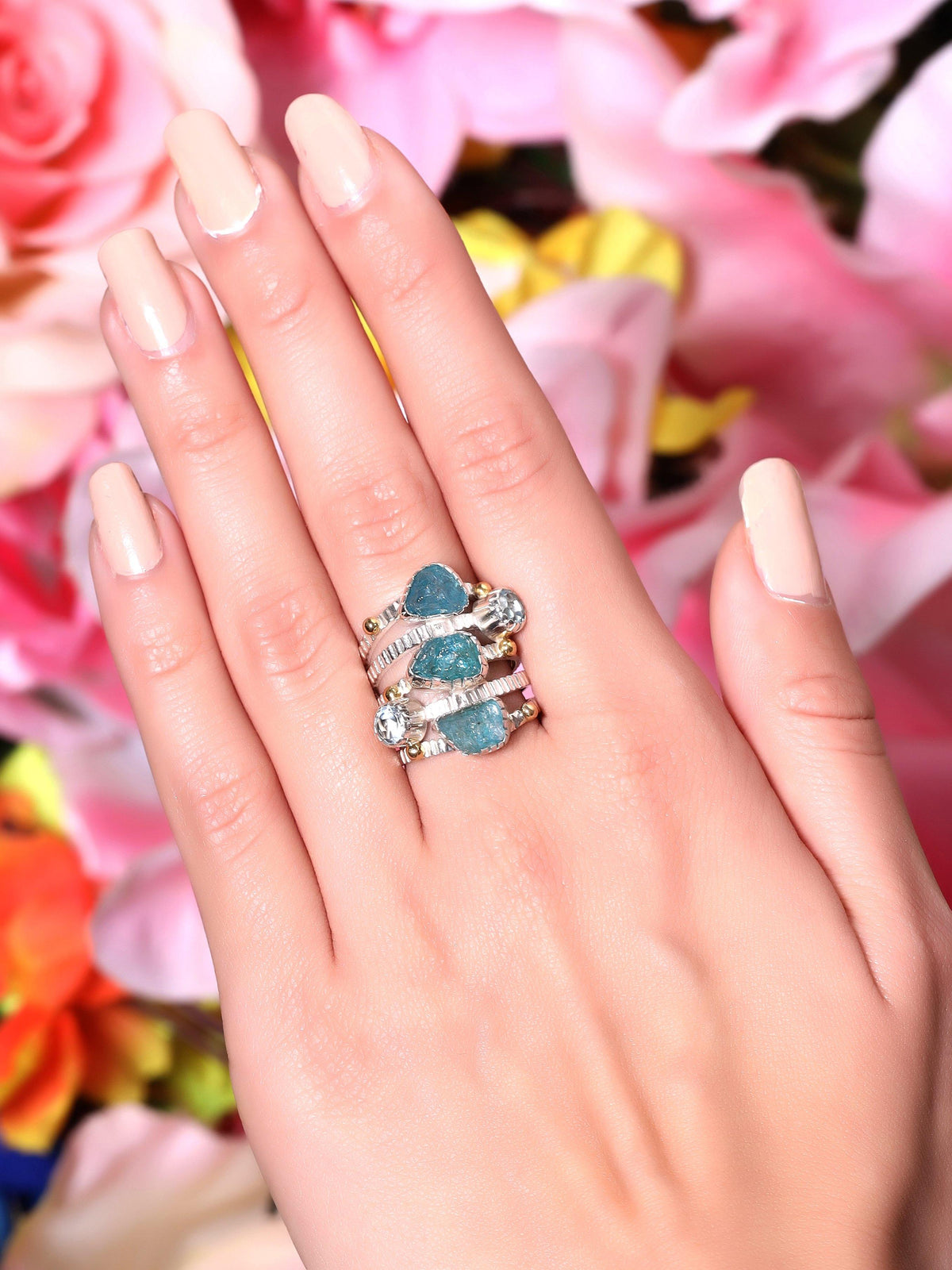 Raw Neon Apatite Solid 925 sterling Silver Brass Two Tone Bypass Ring Jewelry - YoTreasure