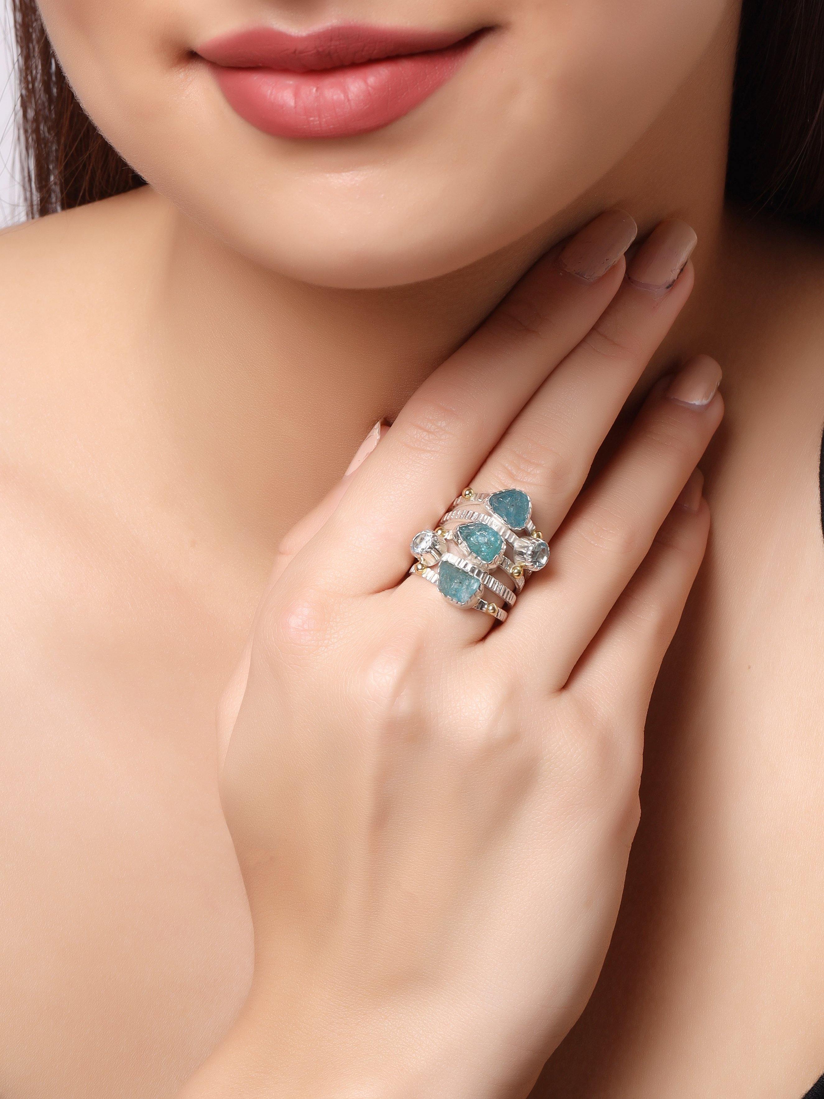 Raw Neon Apatite Solid 925 sterling Silver Brass Two Tone Bypass Ring Jewelry - YoTreasure