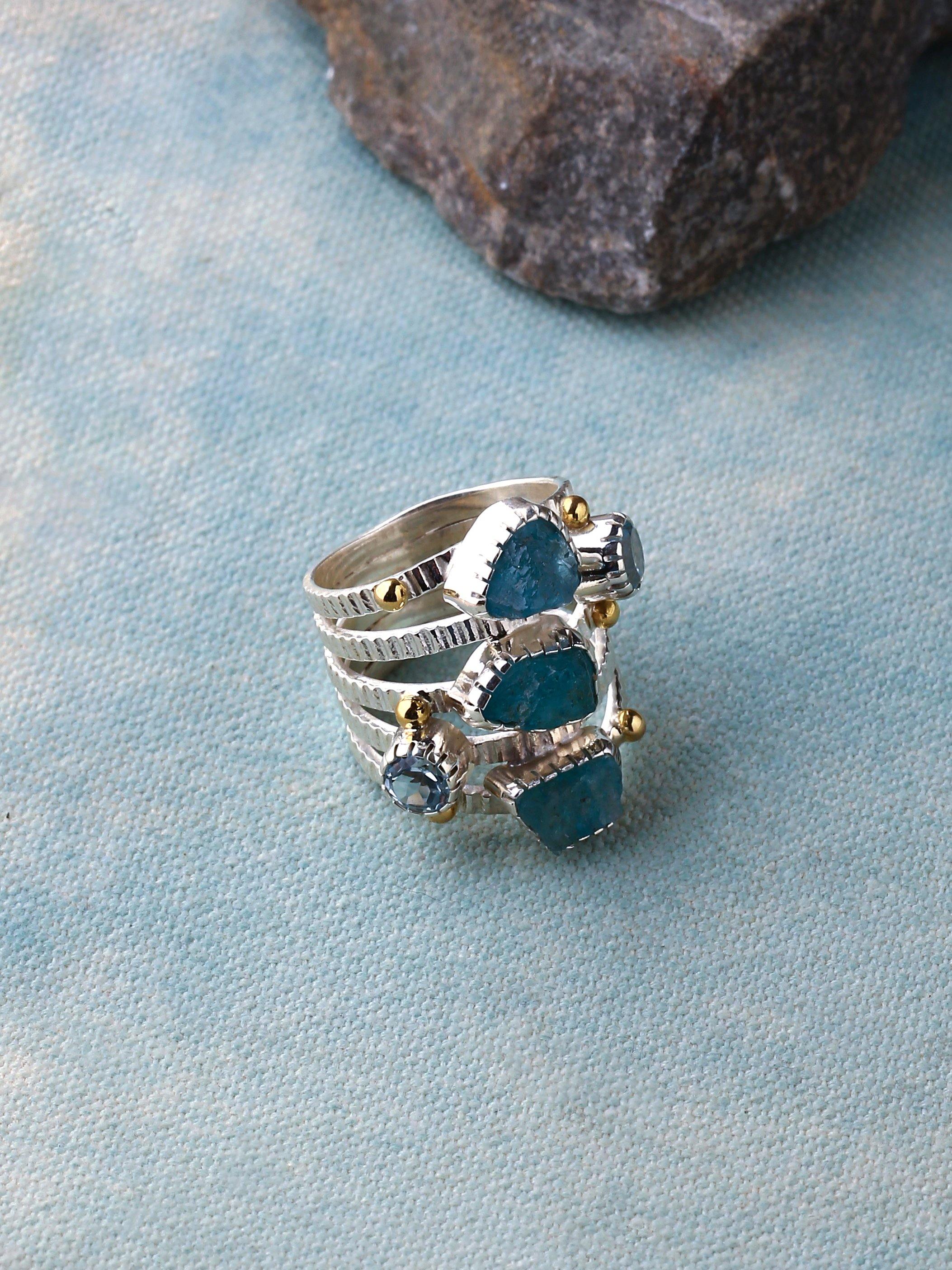 Raw Neon Apatite Solid 925 sterling Silver Brass Two Tone Bypass Ring Jewelry - YoTreasure