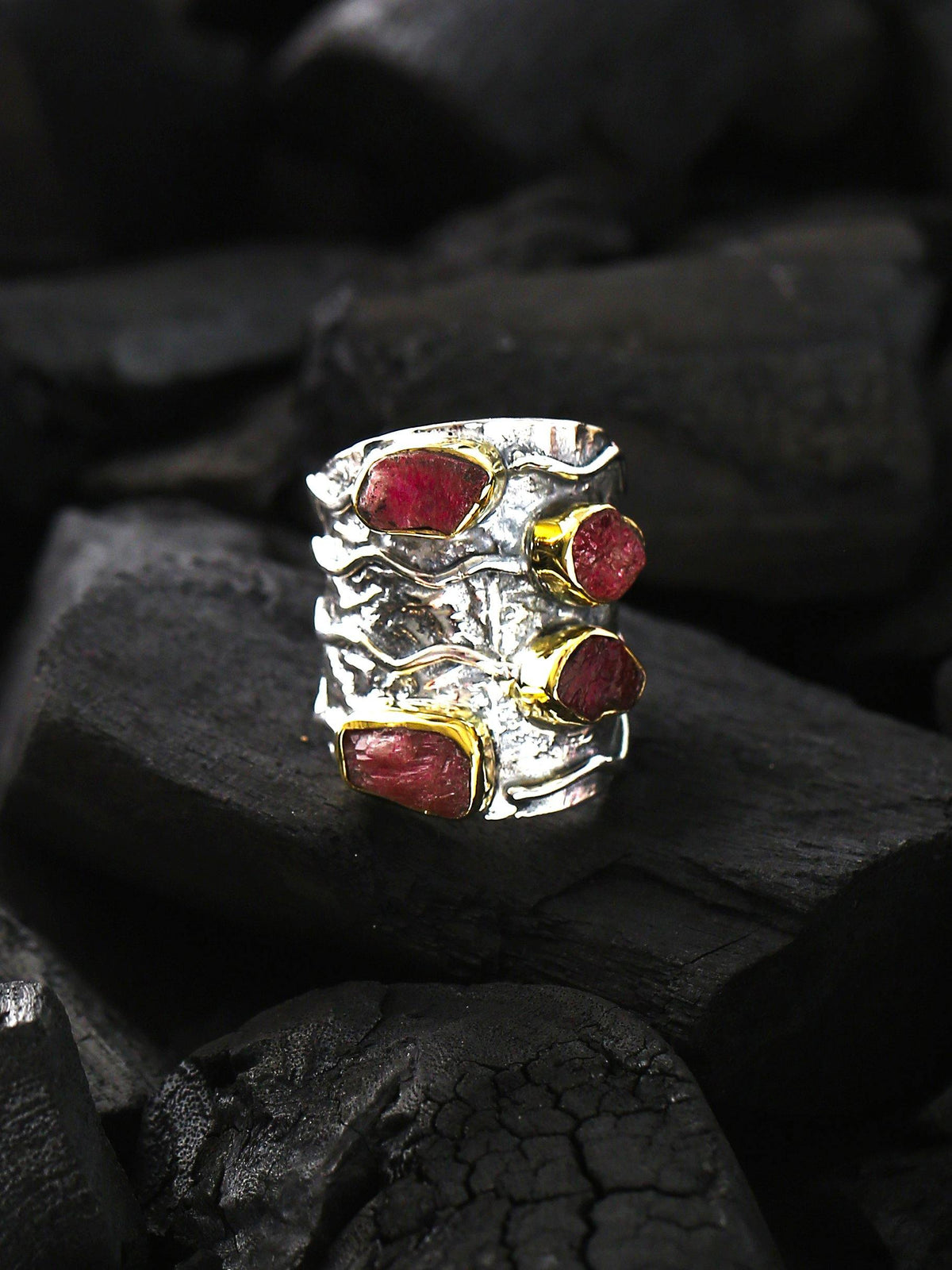 Rough Pink Tourmaline Solid 925 Sterling Silver Brass Statement Ring Jewelry - YoTreasure