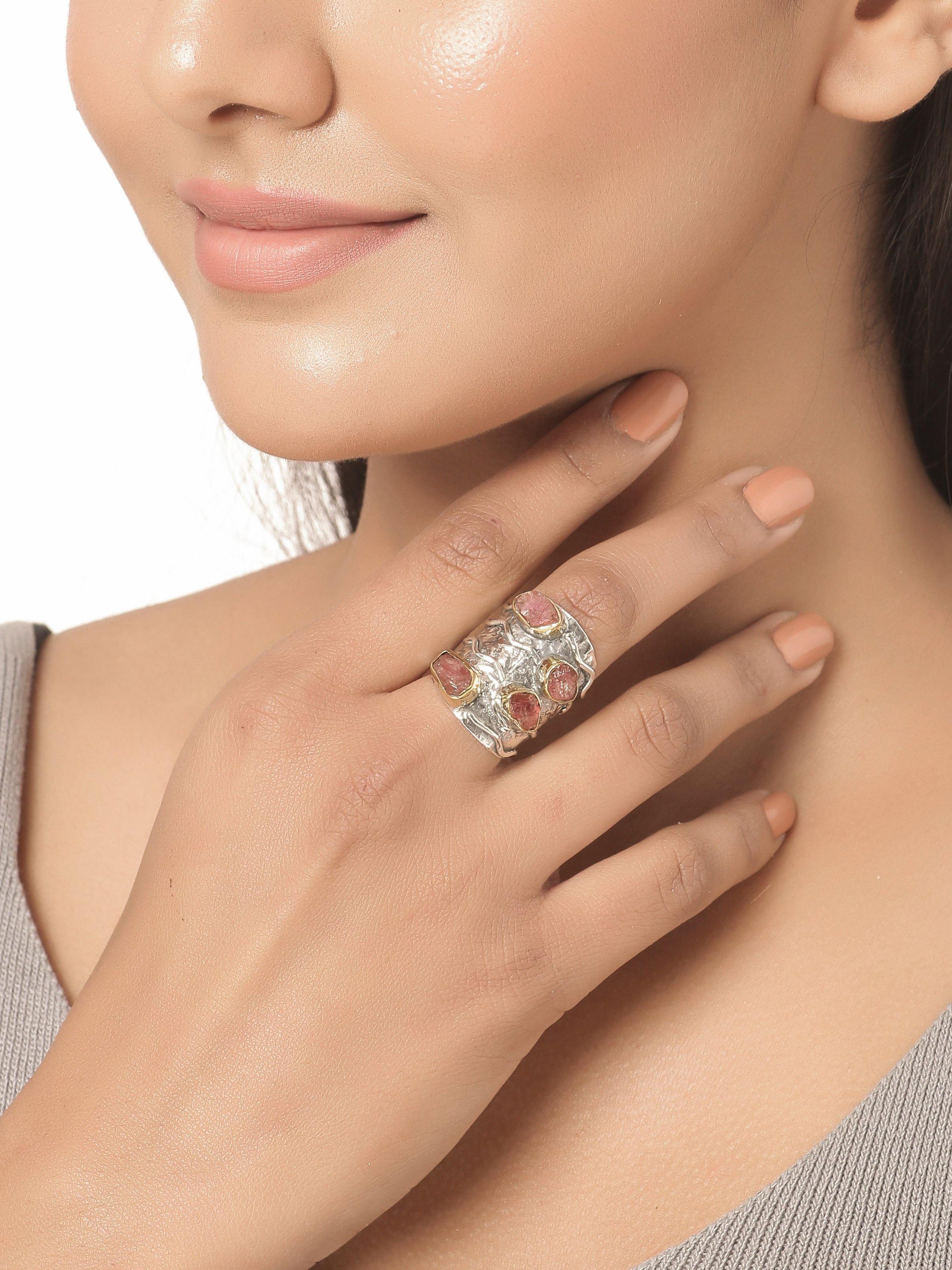Rough Pink Tourmaline Solid 925 Sterling Silver Brass Statement Ring Jewelry - YoTreasure