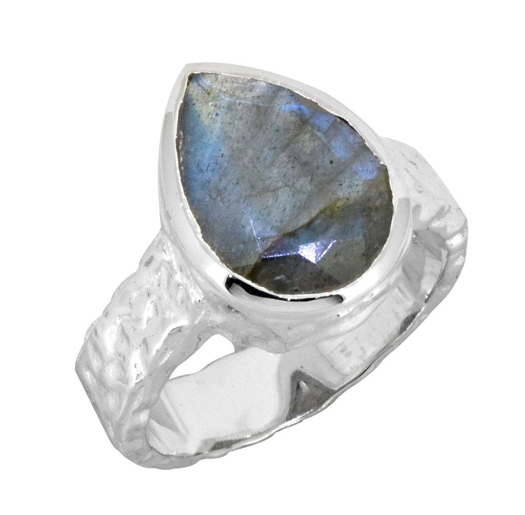 Labradorite Solid 925 Sterling Silver Hammered Finish Ring Jewelry - YoTreasure