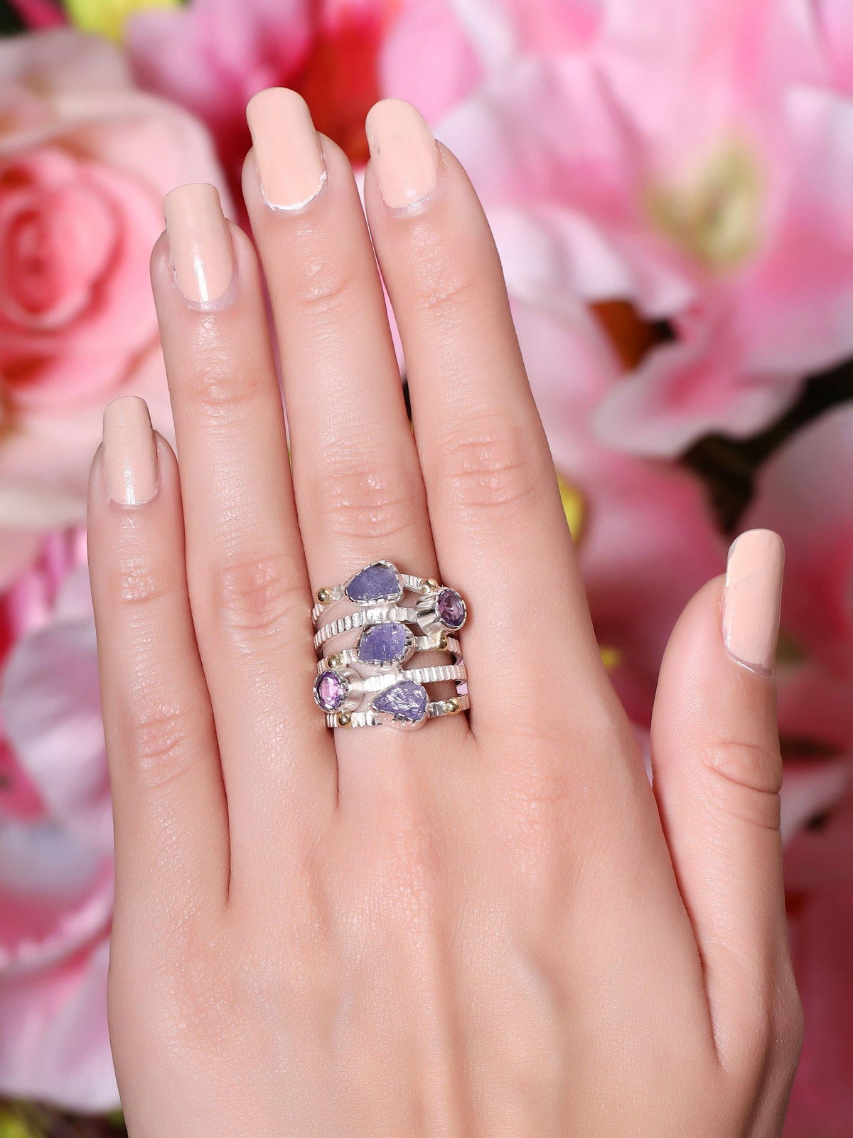 Raw Tanzanite Amethyst Solid 925 sterling Silver Brass Two Tone Bypass Ring Jewelry - YoTreasure