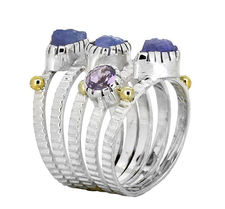 Raw Tanzanite Amethyst Solid 925 sterling Silver Brass Two Tone Bypass Ring Jewelry - YoTreasure