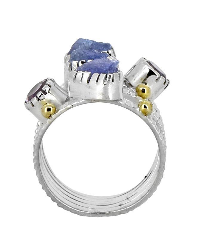 Raw Tanzanite Amethyst Solid 925 sterling Silver Brass Two Tone Bypass Ring Jewelry - YoTreasure
