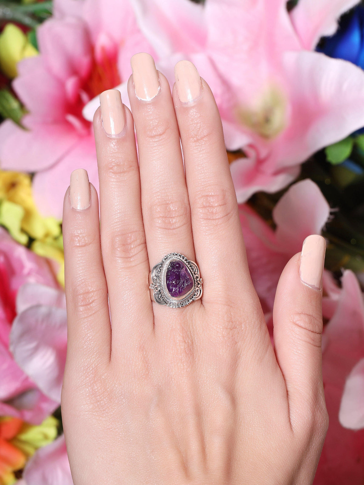 Rough Amethyst Solid 925 Sterling Silver Gemstone Ring Jewelry - YoTreasure