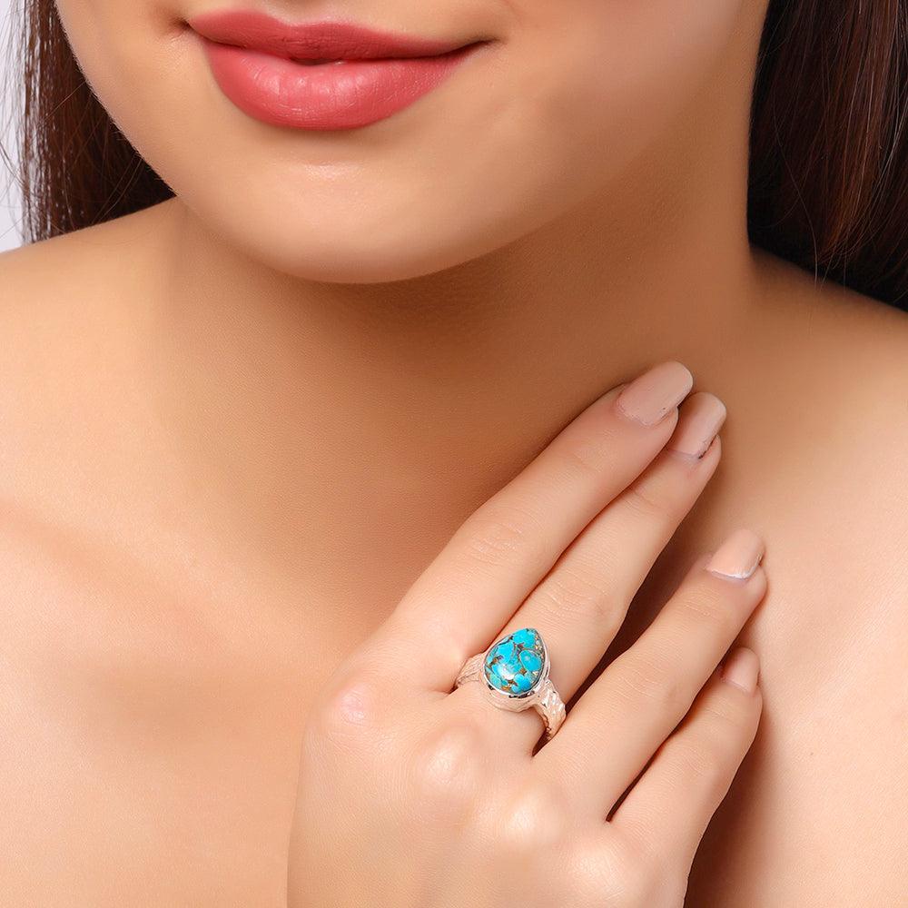Pear Blue Copper Turquoise Solid 925 Sterling Silver Hammered Finish Ring Jewelry - YoTreasure